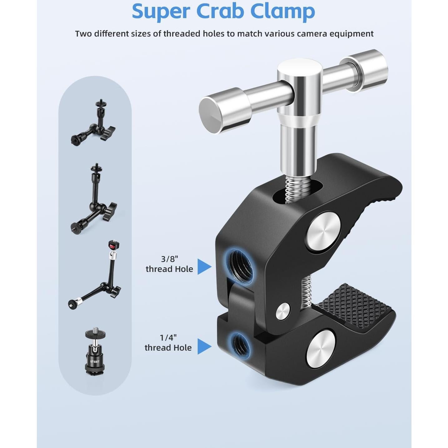 UTEBIT Adjustable Magic Arm with Super Clamp, 9 inch Articulating Arm Clamp Kit for LCD Monitor, LED Light, Flash Light, Camera Rig