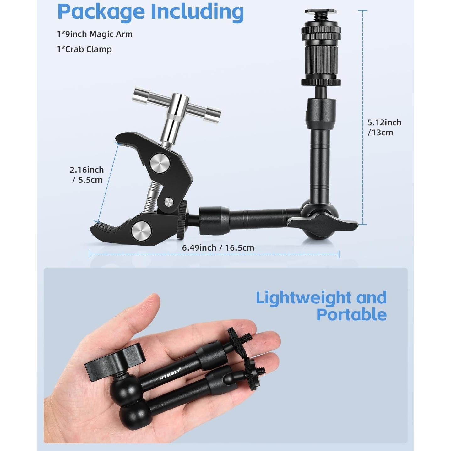 UTEBIT Adjustable Magic Arm with Super Clamp, 9 inch Articulating Arm Clamp Kit for LCD Monitor, LED Light, Flash Light, Camera Rig