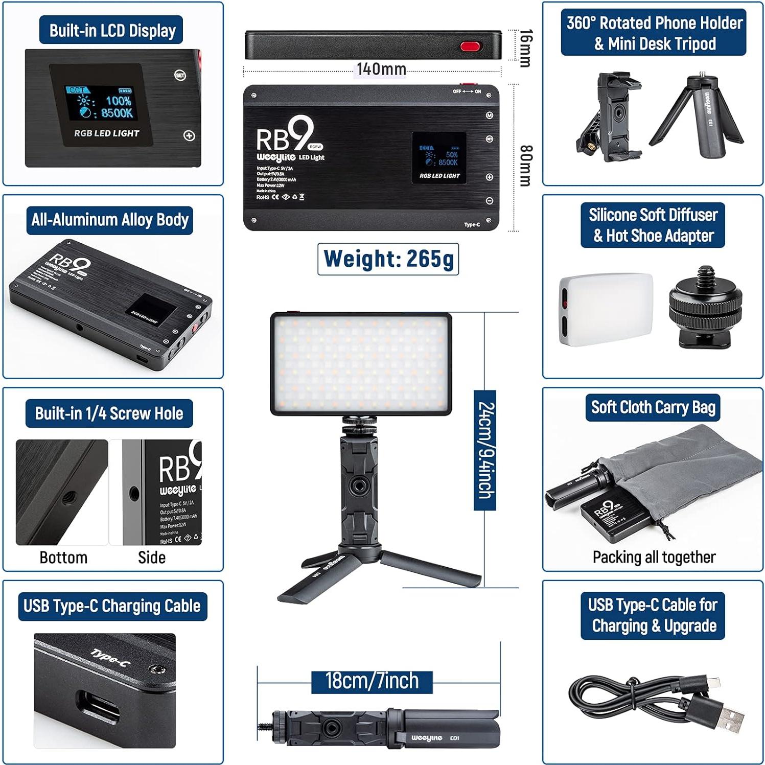 Weeylite RB9 Luz de Video RGB 12W Control App 2500-8500K