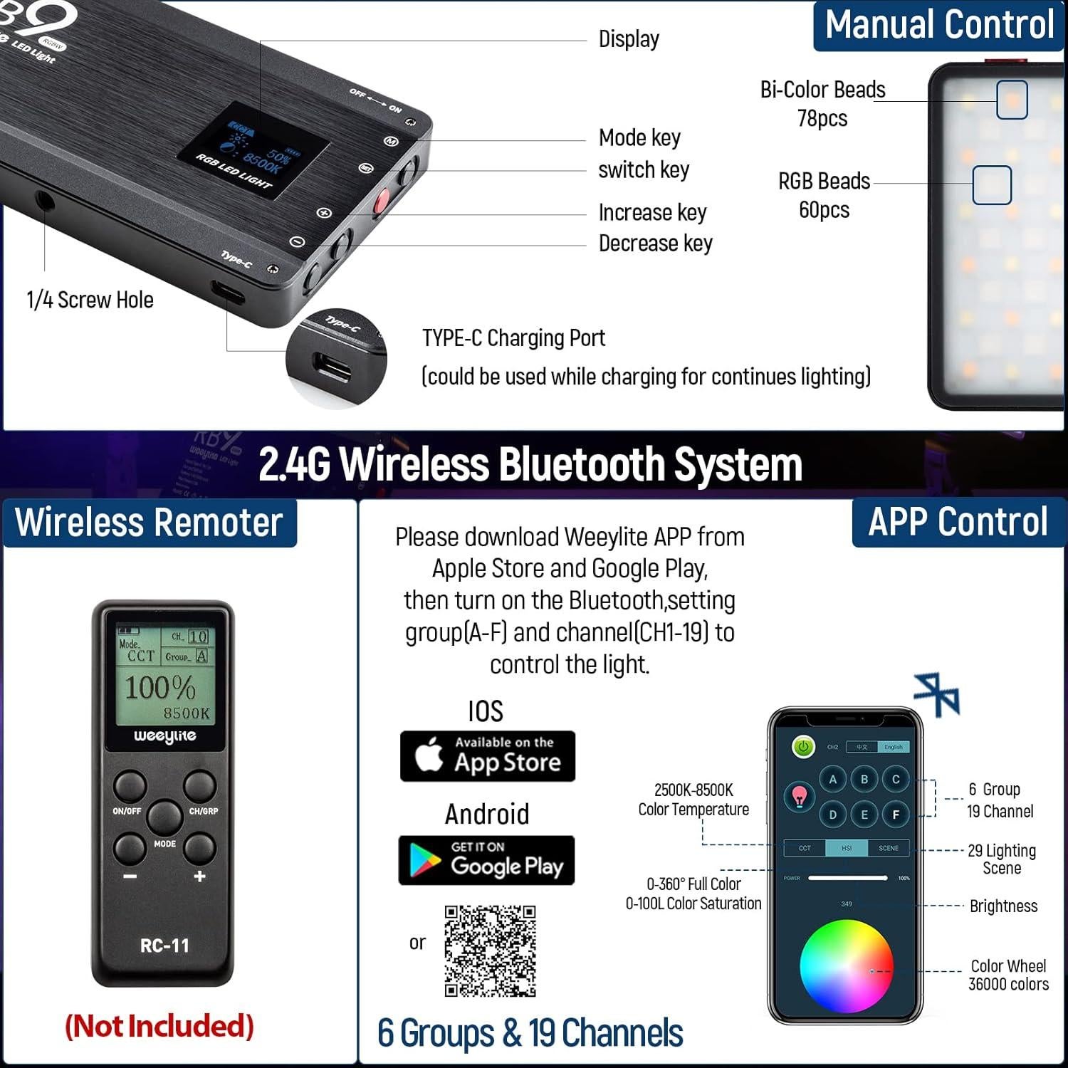 Weeylite RB9 Luz de Video RGB 12W Control App 2500-8500K