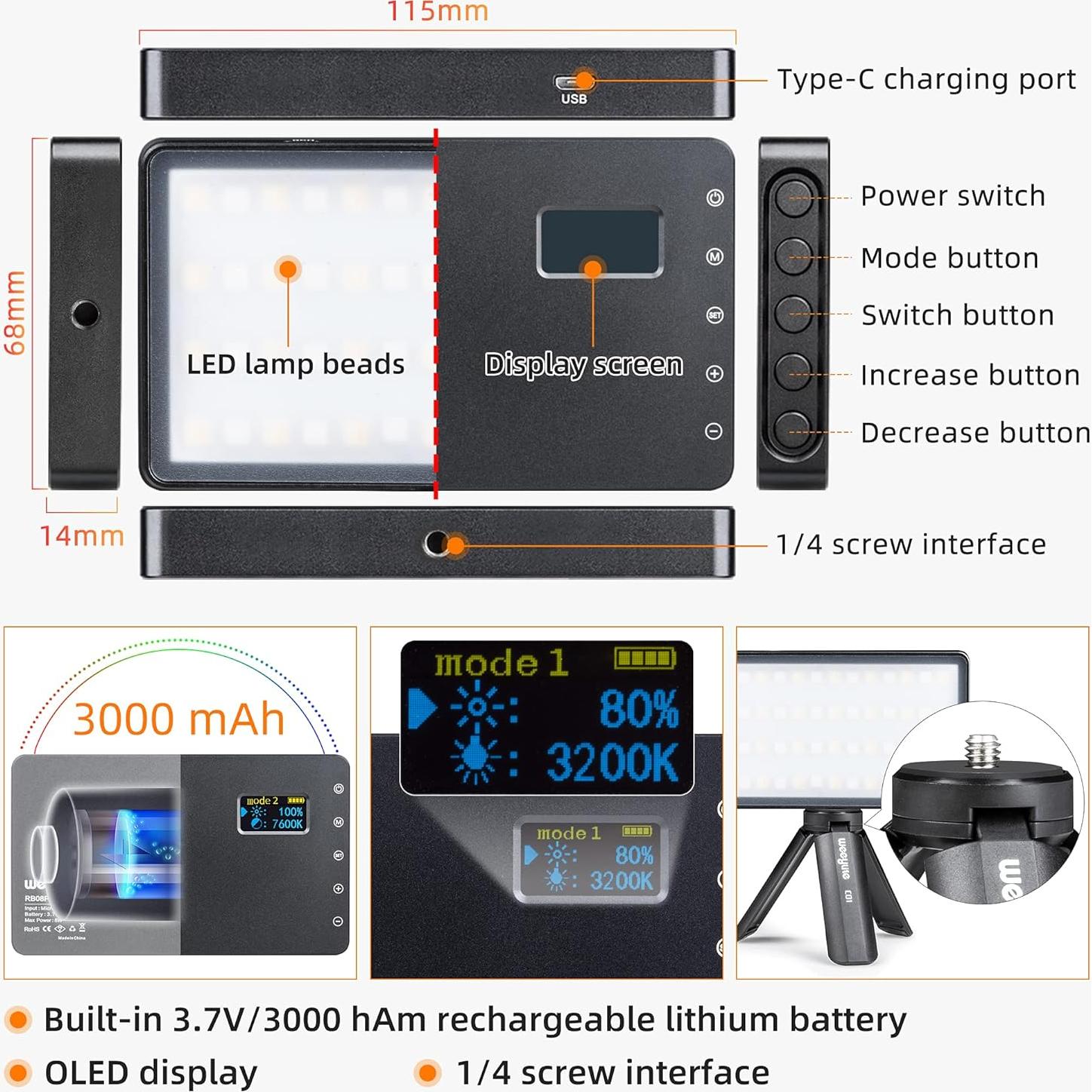 Luz LED RGB Portátil GUZHIZHI GZZ-RB08P 2500-8500K para Video