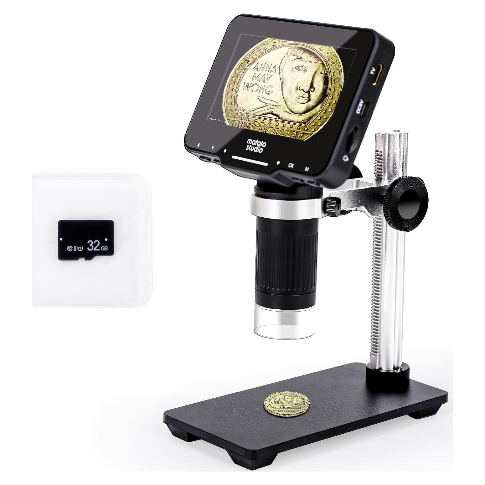 M2B 1000X Digital Microscope with 4.3'' LCD Screen, 1080P Coin Magnifier, 8 LED Lights, Support Photo&Video, Adjustable Metal Stand, Large TV View via HDMI, 32GB SD Card Included