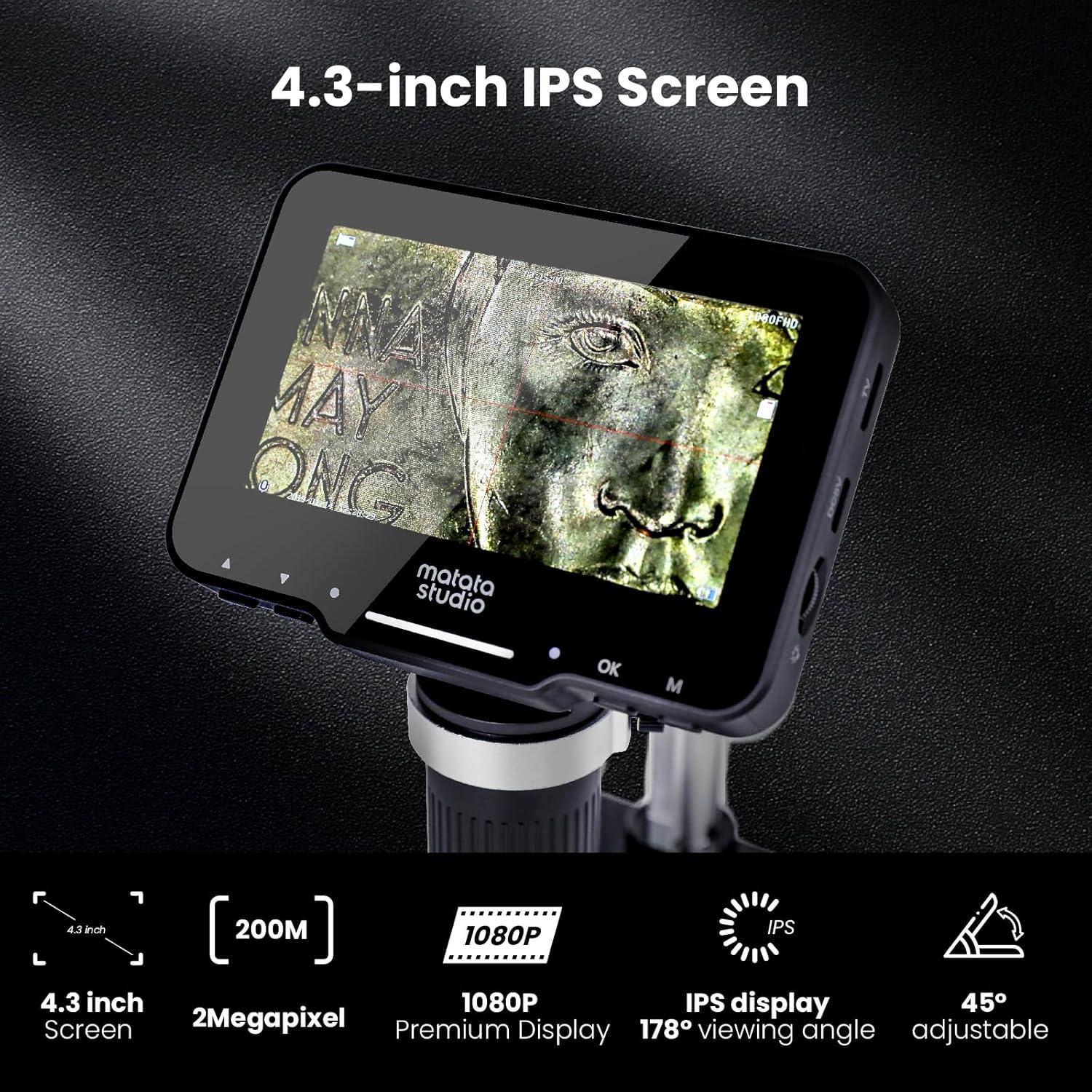 M2B 1000X Digital Microscope with 4.3'' LCD Screen, 1080P Coin Magnifier, 8 LED Lights, Support Photo&Video, Adjustable Metal Stand, Large TV View via HDMI, 32GB SD Card Included