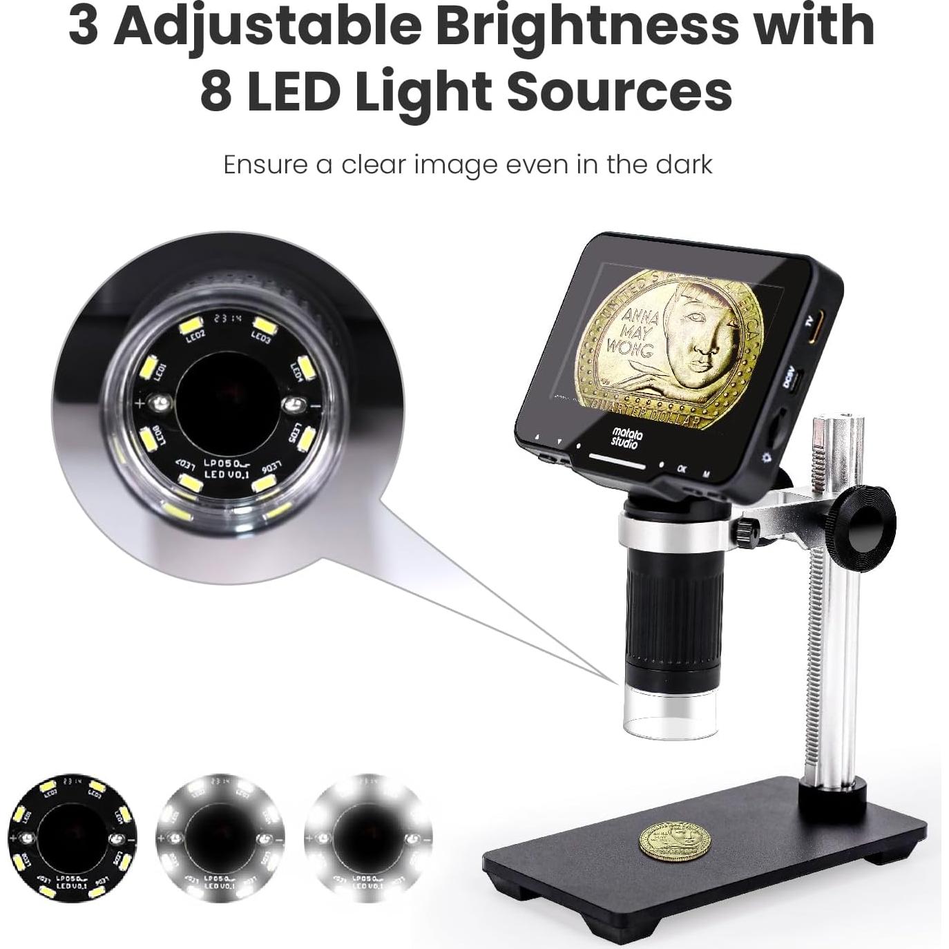 M2B 1000X Digital Microscope with 4.3'' LCD Screen, 1080P Coin Magnifier, 8 LED Lights, Support Photo&Video, Adjustable Metal Stand, Large TV View via HDMI, 32GB SD Card Included