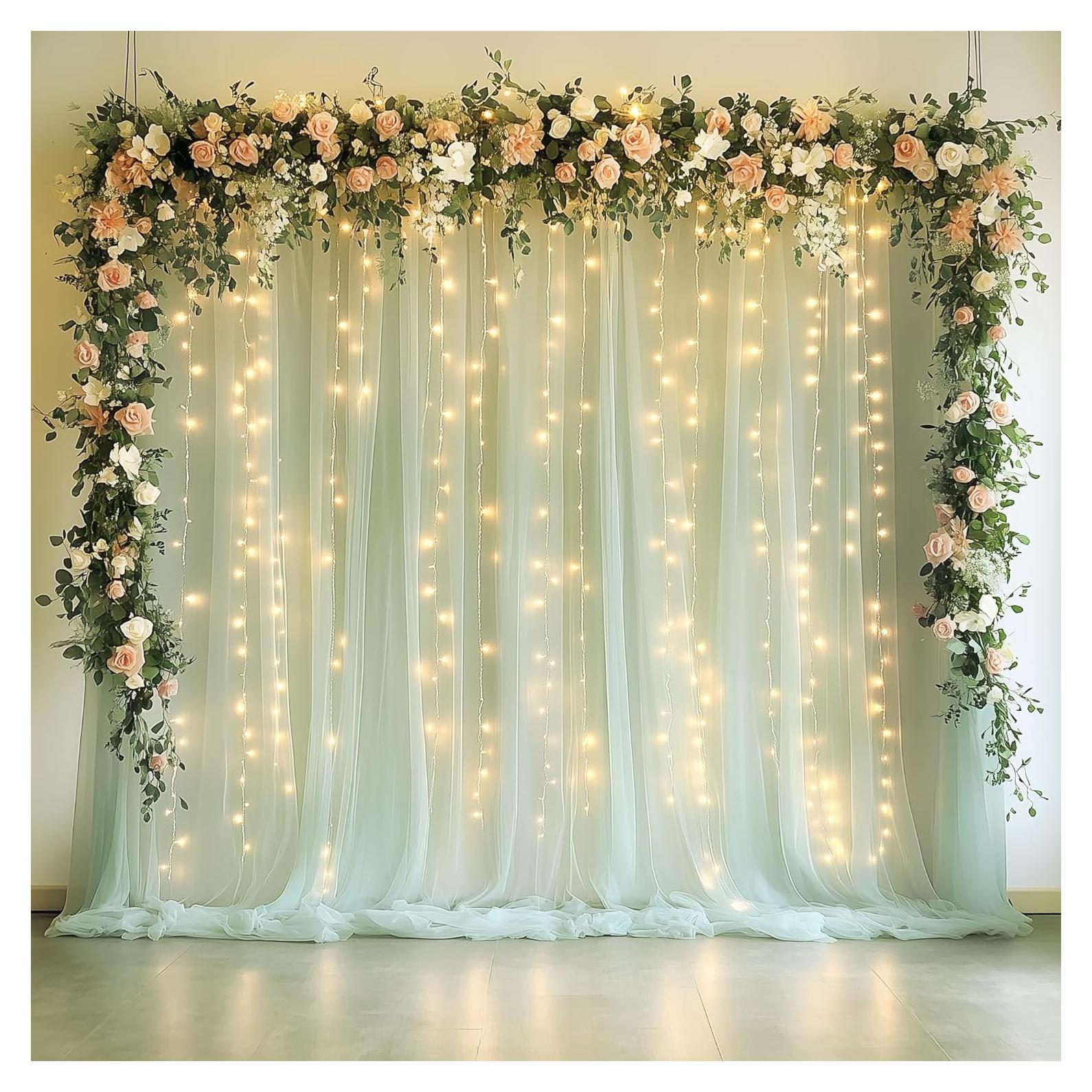 Cortina de Tulle Verde Salvia con Luces 2 Paneles 5x10FT