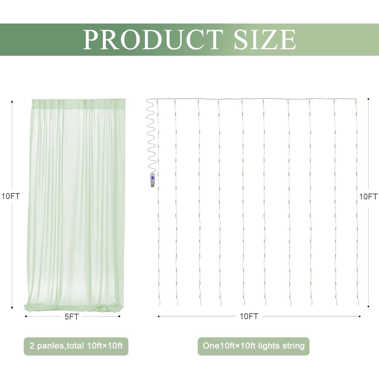 Cortina de Tulle Verde Salvia con Luces 2 Paneles 5x10FT