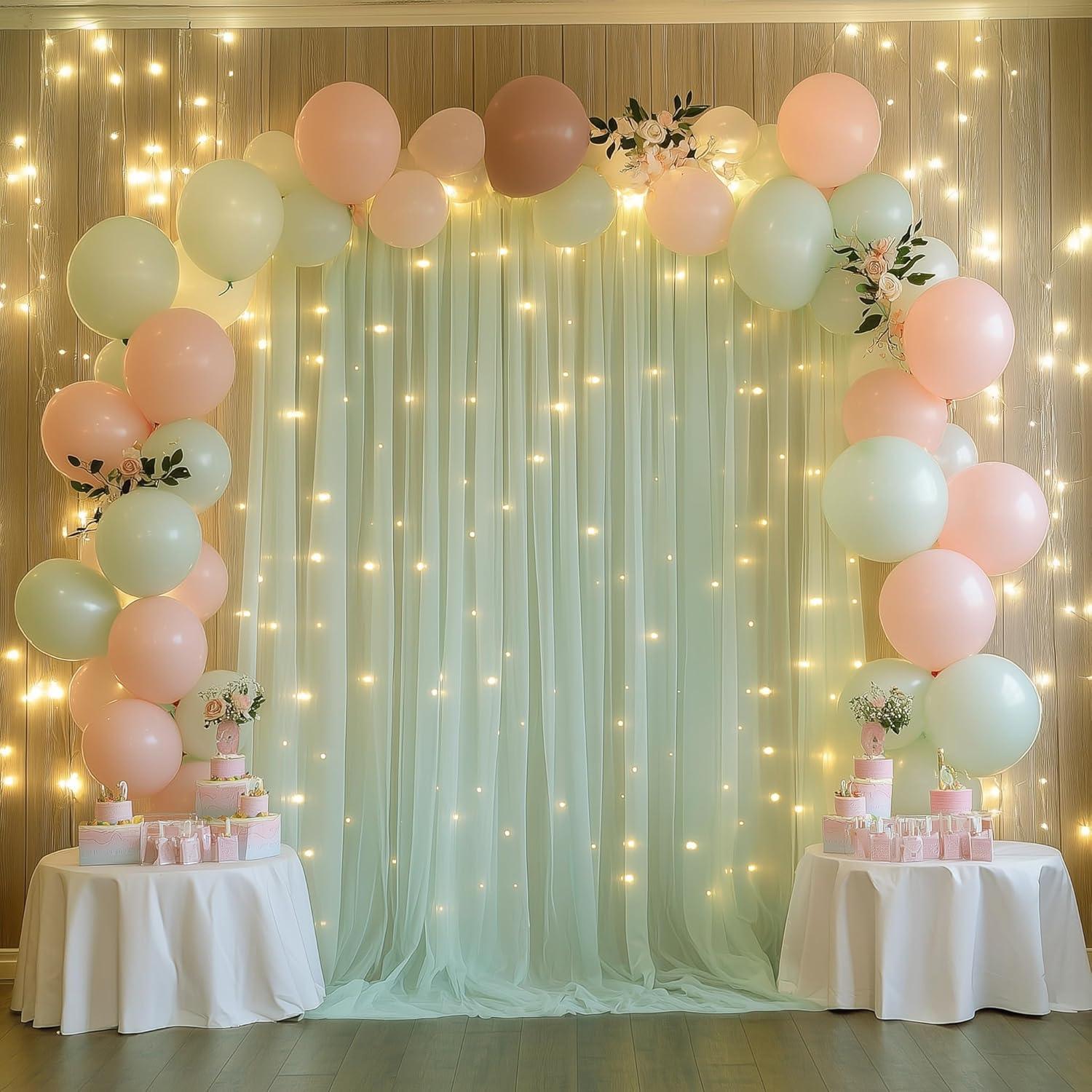 Cortina de Tulle Verde Salvia con Luces 2 Paneles 5x10FT