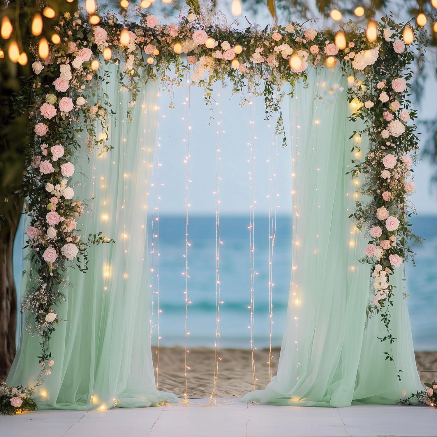 Cortina de Tulle Verde Salvia con Luces 2 Paneles 5x10FT