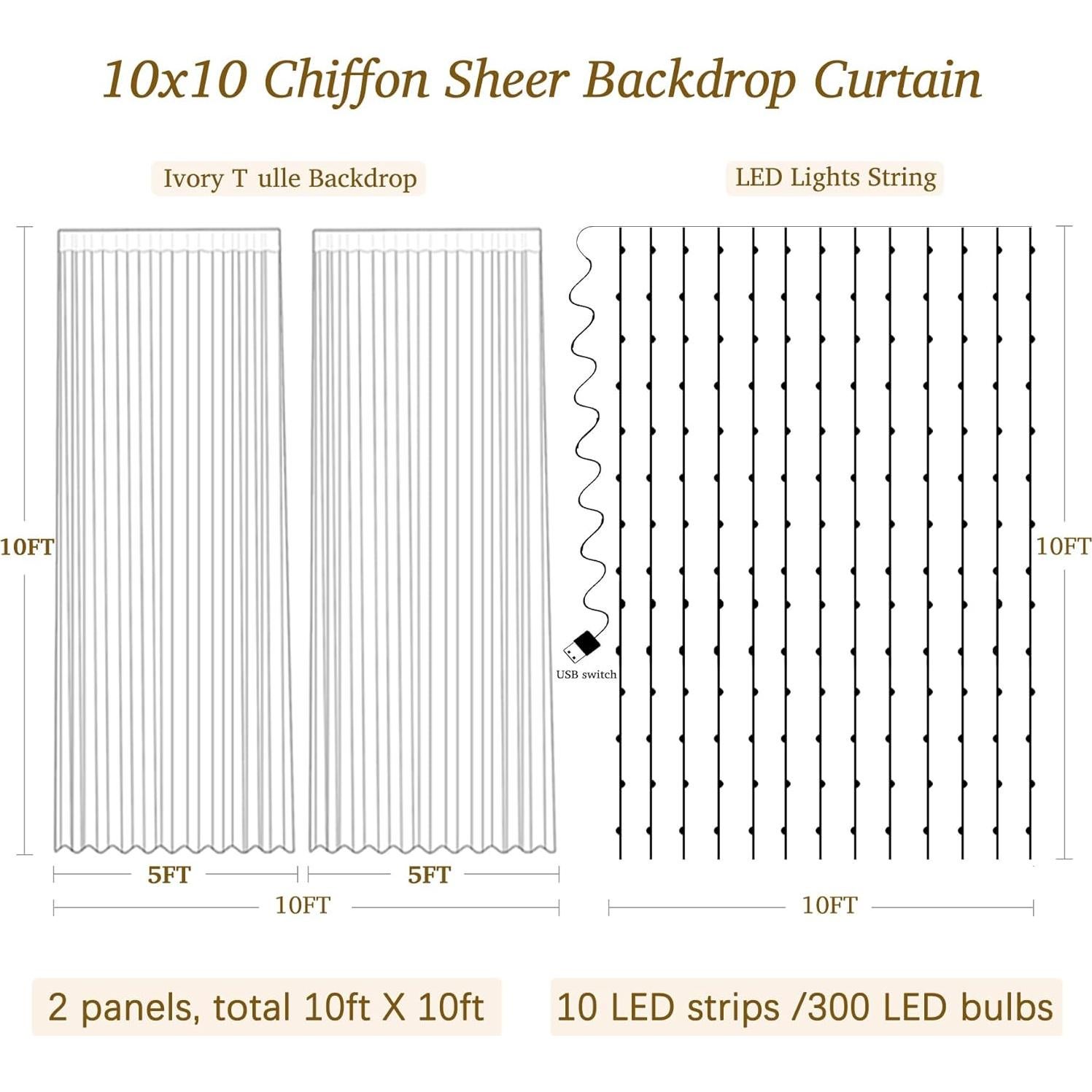 Cortina de Chiffon Beige con Luces LED 2 Paneles 5x10 pies