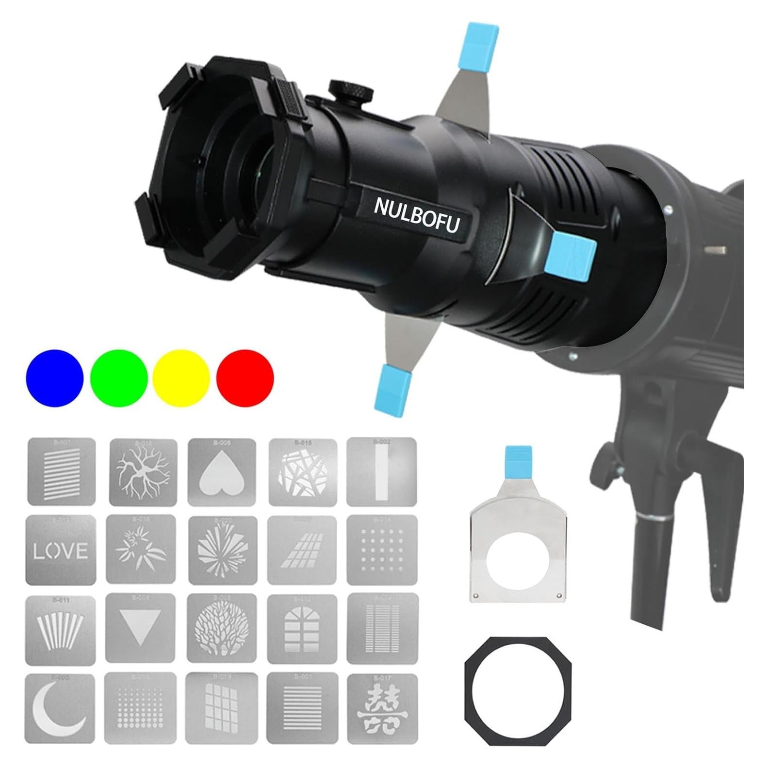 Kit Snoot Óptico Cónico NULBOFU para Montura Bowens con 20 Gobos y 4 Filtros