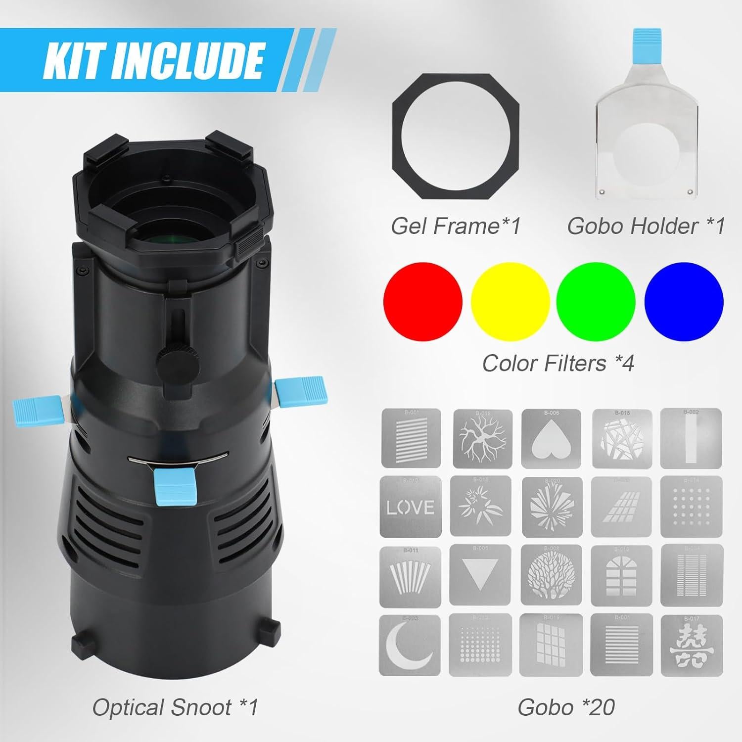 Kit Snoot Óptico Cónico NULBOFU para Montura Bowens con 20 Gobos y 4 Filtros