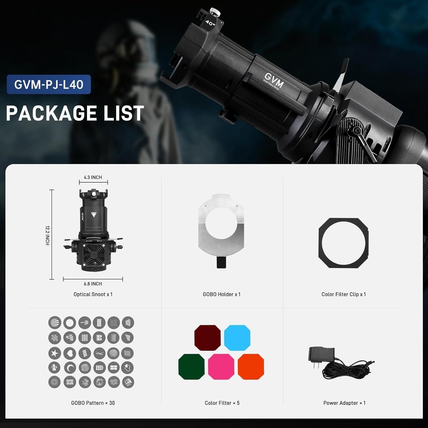 Kit Snoot Óptico GVM con 30 Gobos y 5 Filtros de Color