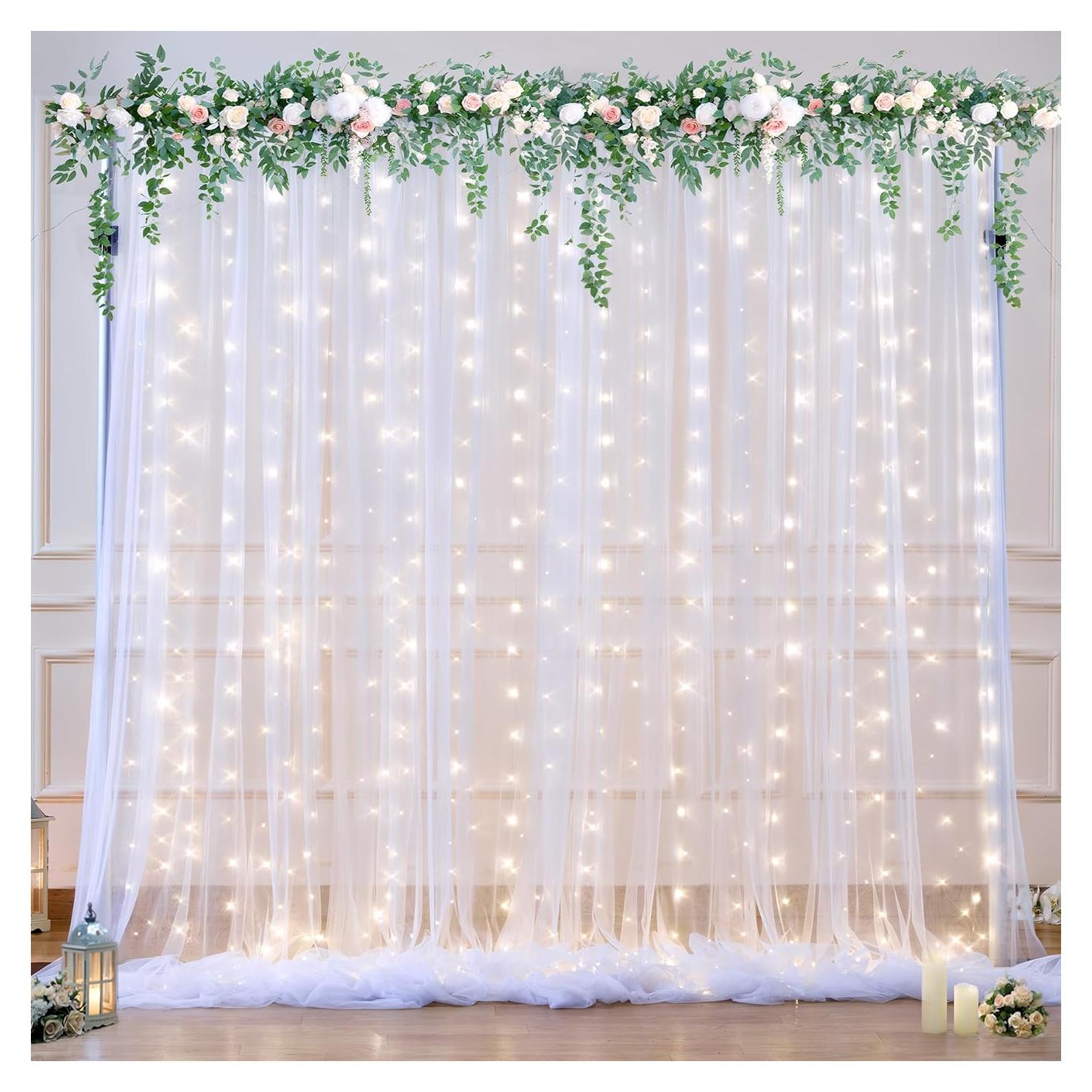 Cortina de fondo blanca con luces Suppromo 3m x 3m para fiestas