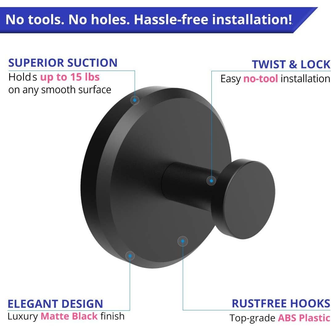 Ganchos de Ventosa HOME SO Negro Mate para Ducha y Baño