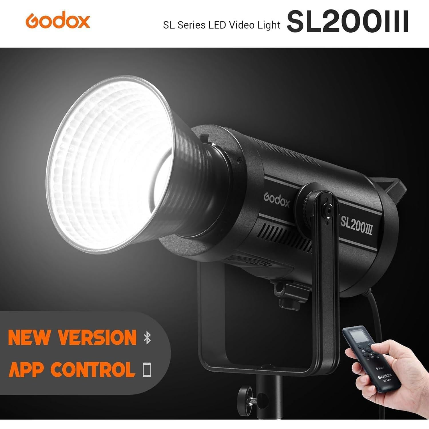 Luz LED Godox SL200III 200W 95600Lux CRI 96+ Modo Silencioso