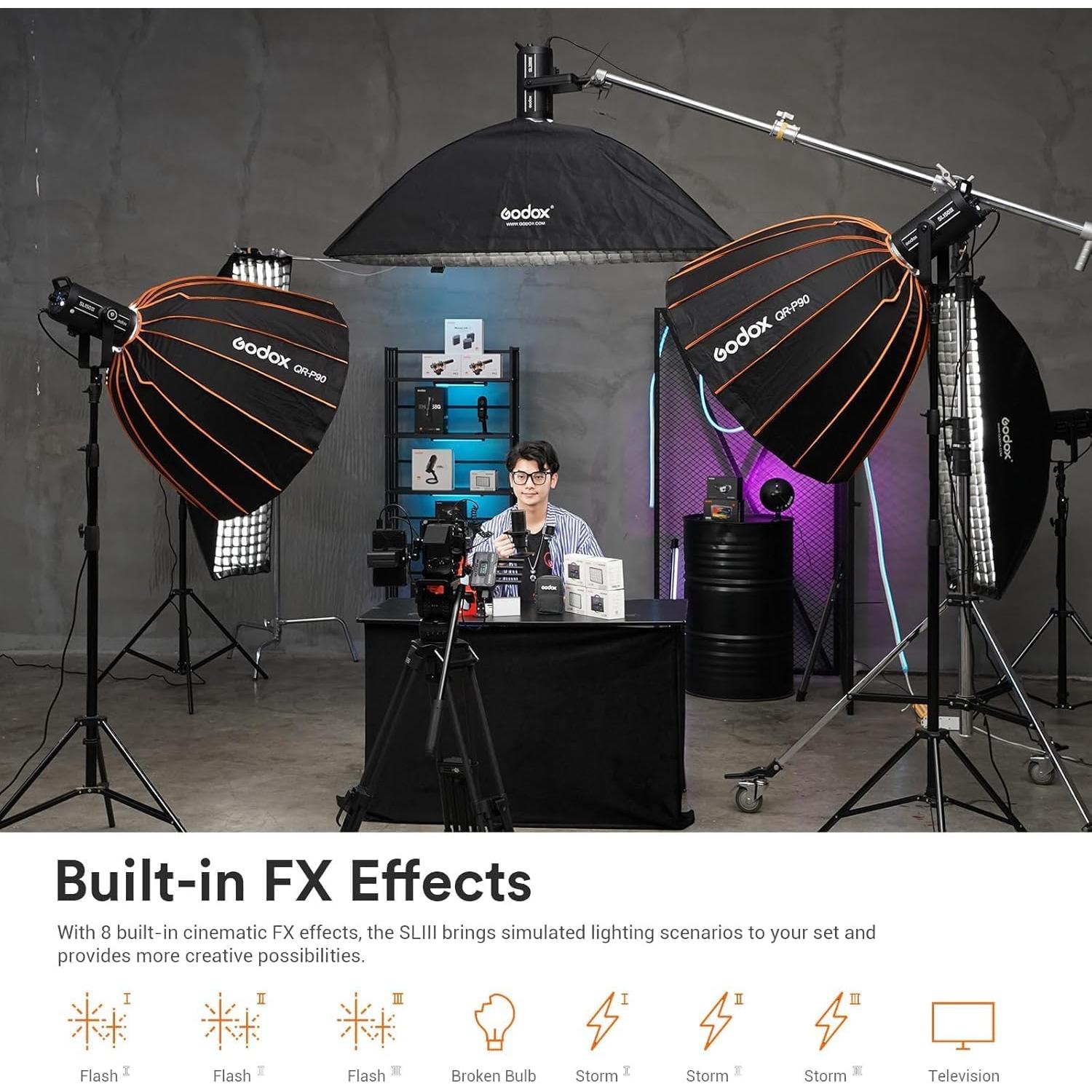 Luz LED Godox SL200III 200W 95600Lux CRI 96+ Modo Silencioso