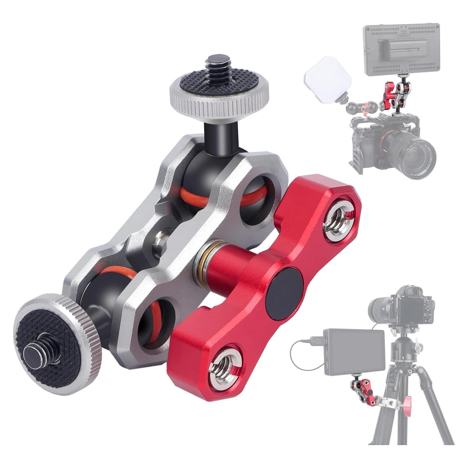 Dual Ball Head Camera Mount with 360 Degree Adjustment - Aluminum Alloy Clamp for Insta360/GoPr0/Camera Cage/LED Light/Microphone - 1/4" & 3/8" Screw Holes with Anti-Slip Design 61013