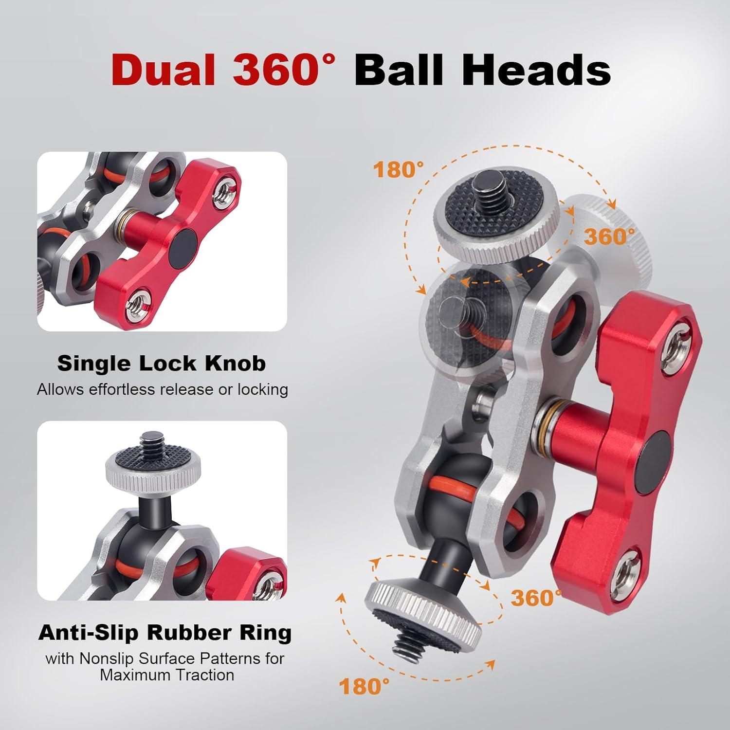 Dual Ball Head Camera Mount with 360 Degree Adjustment - Aluminum Alloy Clamp for Insta360/GoPr0/Camera Cage/LED Light/Microphone - 1/4" & 3/8" Screw Holes with Anti-Slip Design 61013