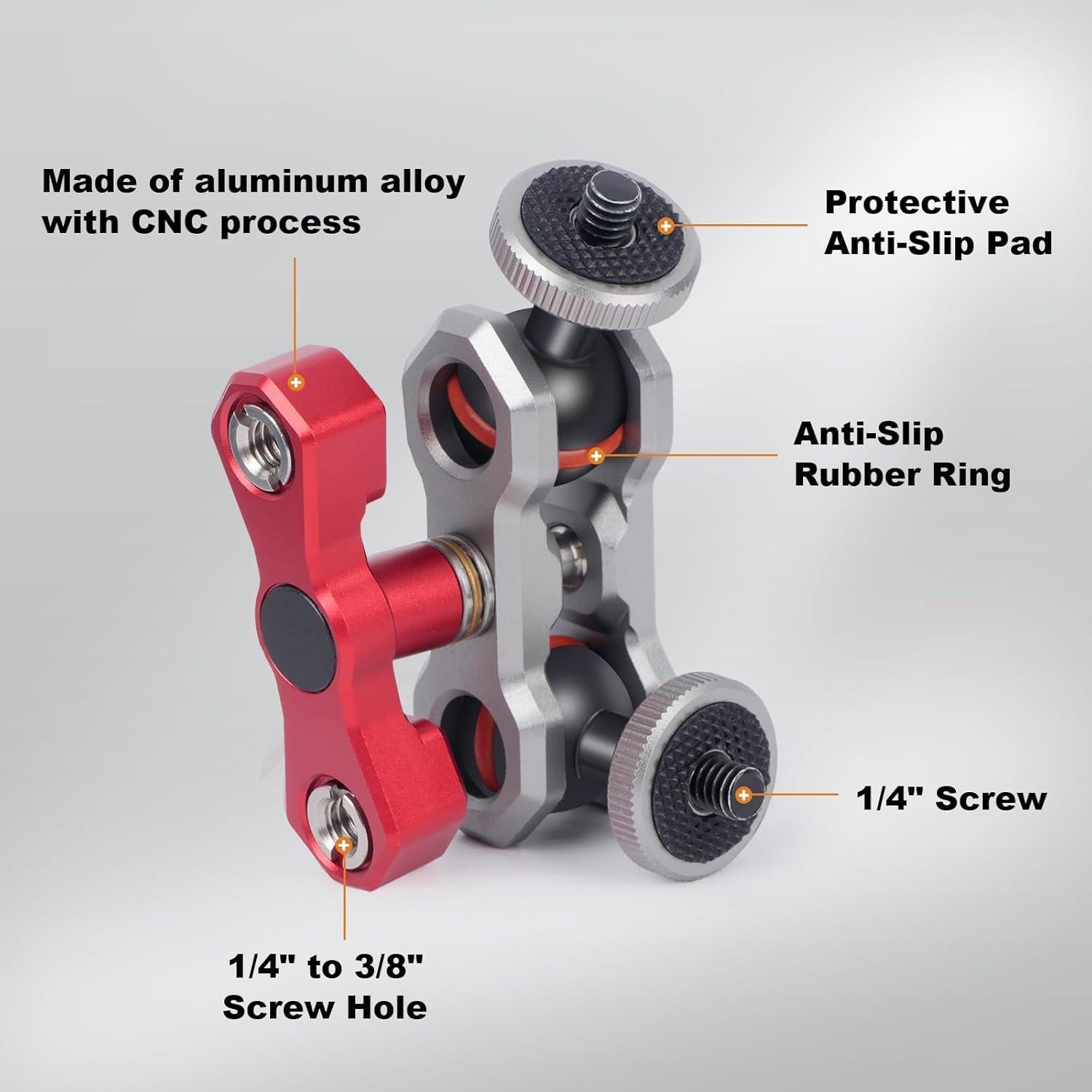 Dual Ball Head Camera Mount with 360 Degree Adjustment - Aluminum Alloy Clamp for Insta360/GoPr0/Camera Cage/LED Light/Microphone - 1/4" & 3/8" Screw Holes with Anti-Slip Design 61013