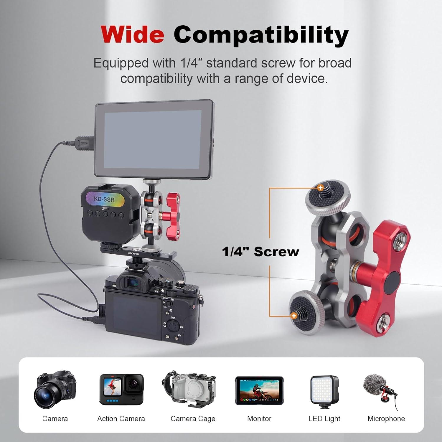 Dual Ball Head Camera Mount with 360 Degree Adjustment - Aluminum Alloy Clamp for Insta360/GoPr0/Camera Cage/LED Light/Microphone - 1/4" & 3/8" Screw Holes with Anti-Slip Design 61013