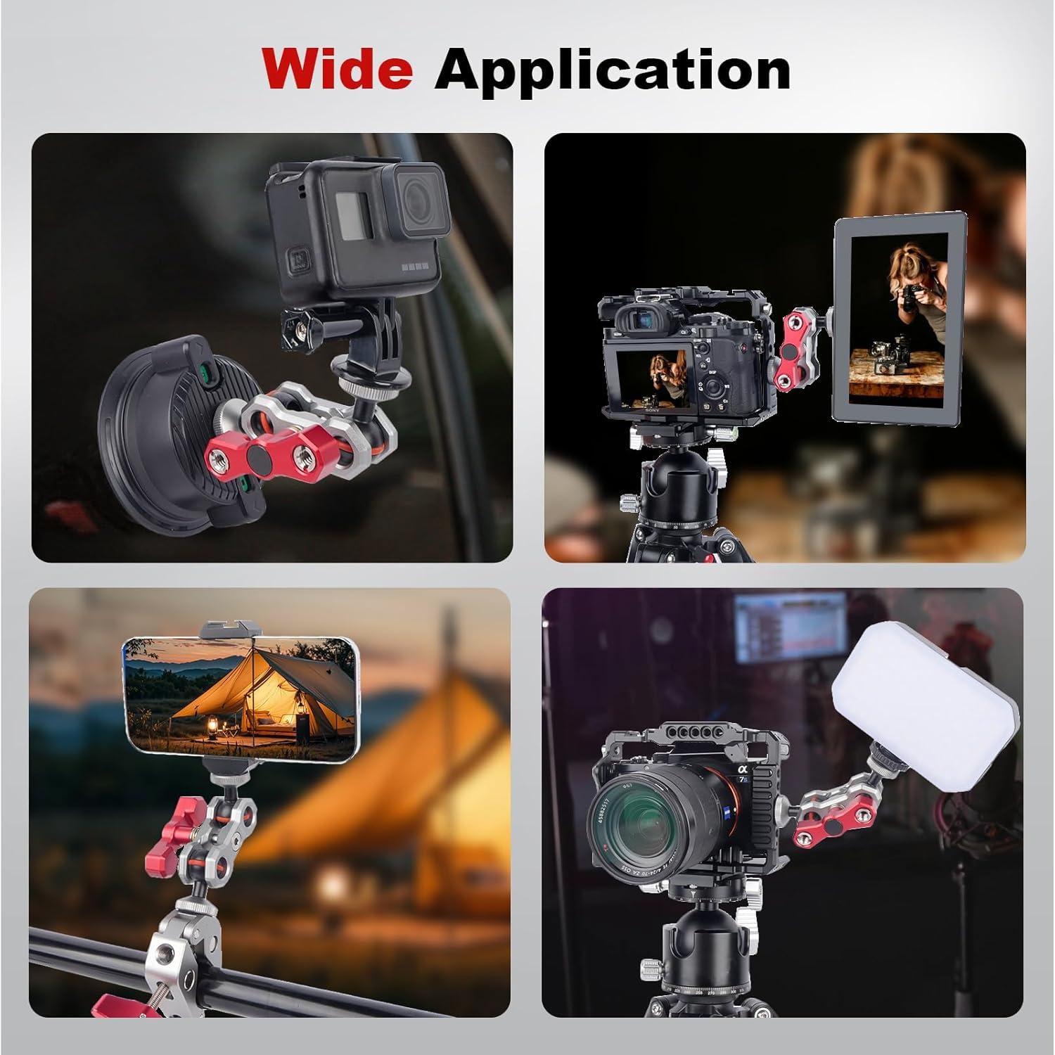 Dual Ball Head Camera Mount with 360 Degree Adjustment - Aluminum Alloy Clamp for Insta360/GoPr0/Camera Cage/LED Light/Microphone - 1/4" & 3/8" Screw Holes with Anti-Slip Design 61013