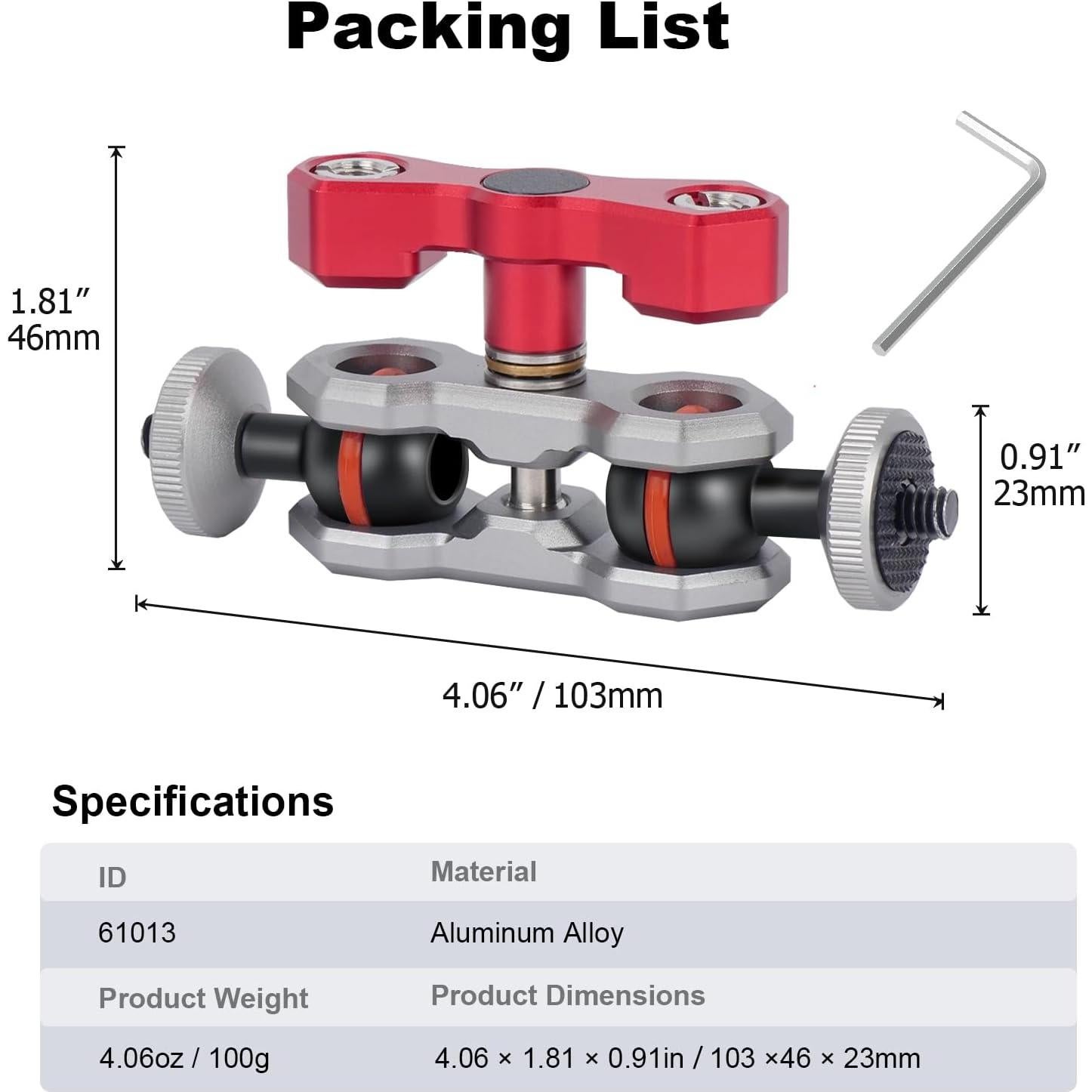 Dual Ball Head Camera Mount with 360 Degree Adjustment - Aluminum Alloy Clamp for Insta360/GoPr0/Camera Cage/LED Light/Microphone - 1/4" & 3/8" Screw Holes with Anti-Slip Design 61013