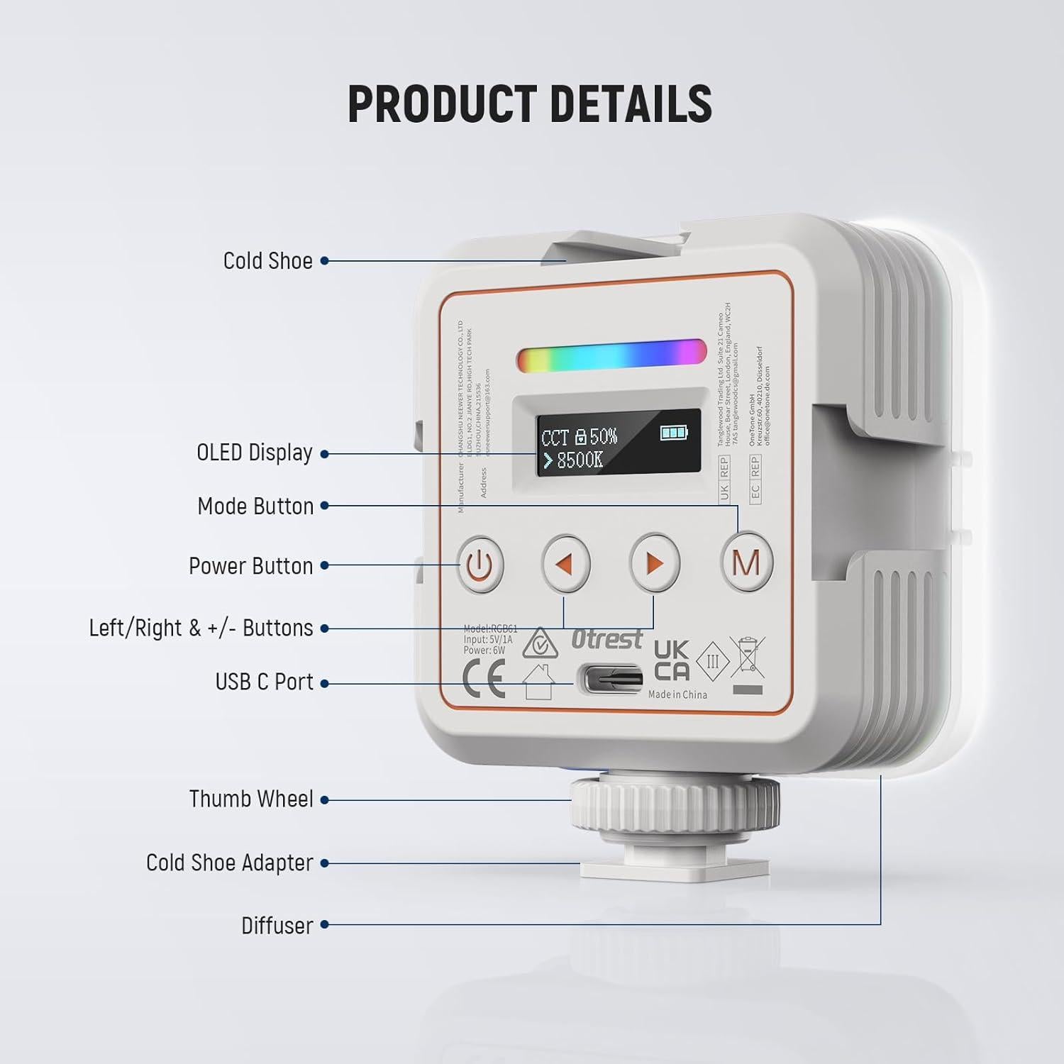 RGB61 Magnetic RGB Video Light, 6W Portable Small LED Camera Light with 360° Full Color 2500K-8500K CRI97+ 20 Scenes 2000mAh Battery Cold Shoes Video Recording Photography Selfie Lighting