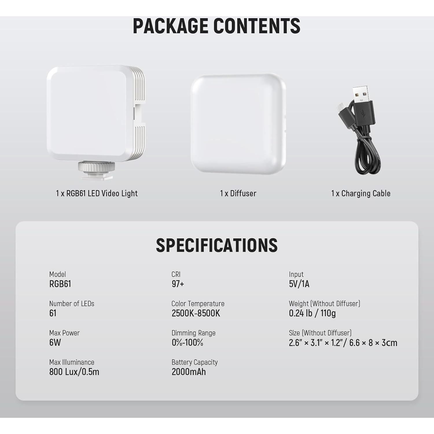 RGB61 Magnetic RGB Video Light, 6W Portable Small LED Camera Light with 360° Full Color 2500K-8500K CRI97+ 20 Scenes 2000mAh Battery Cold Shoes Video Recording Photography Selfie Lighting