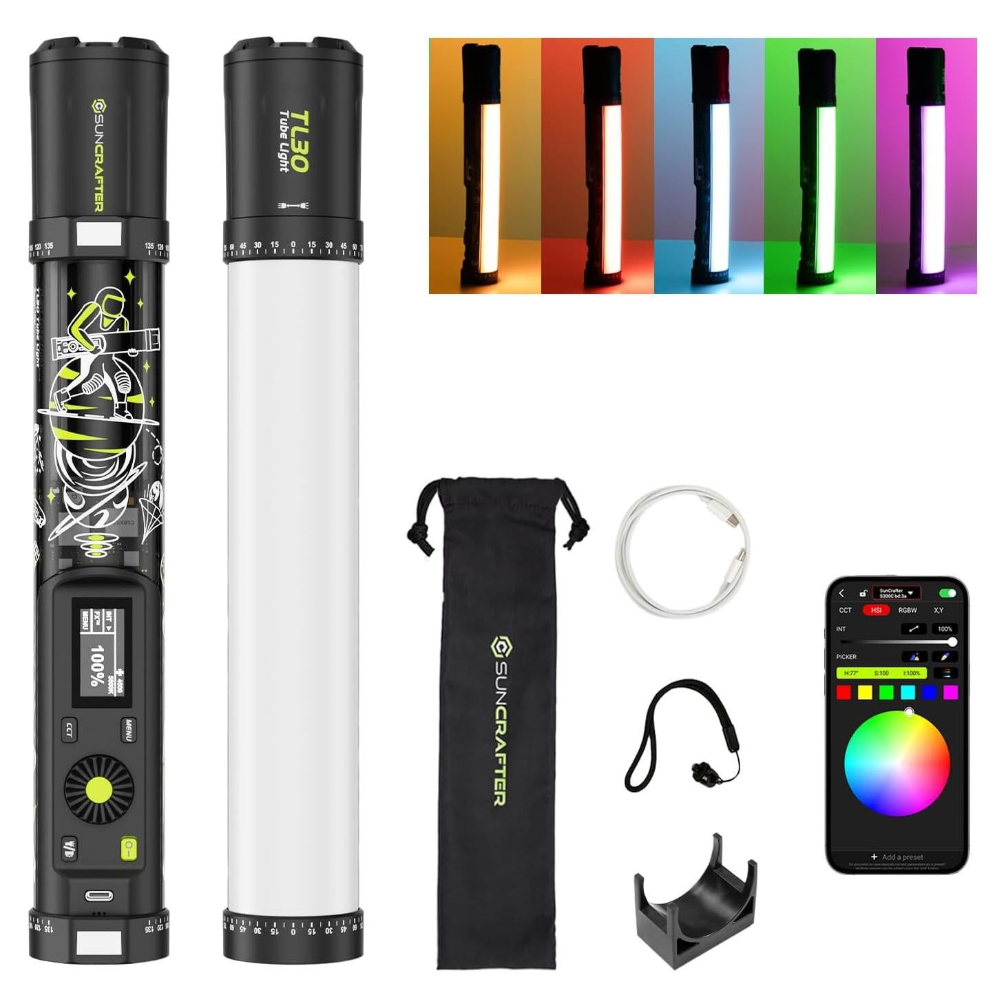 TL30 RGB Light Tube, RGBWW 360° Adjustable Magnetic Video Lighting Wand Stick with Smart APP Control, 2700K-10000K CRI96+ TLCI99+, 21 Scenes, Focus-Adjustable Spotlight, 5000mAh Battery