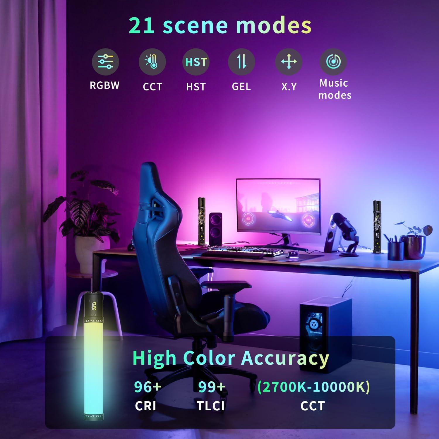 TL30 RGB Light Tube, RGBWW 360° Adjustable Magnetic Video Lighting Wand Stick with Smart APP Control, 2700K-10000K CRI96+ TLCI99+, 21 Scenes, Focus-Adjustable Spotlight, 5000mAh Battery