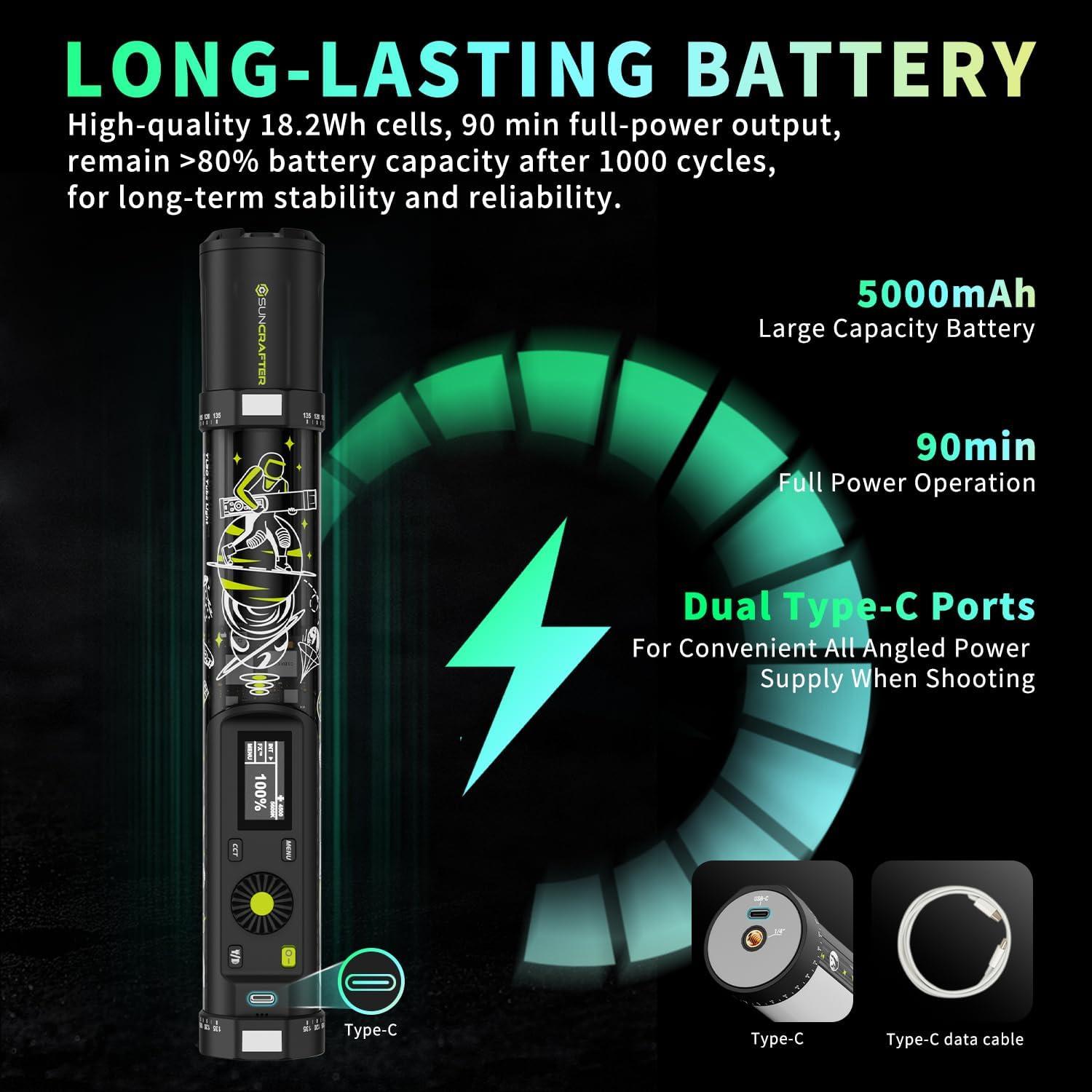 TL30 RGB Light Tube, RGBWW 360° Adjustable Magnetic Video Lighting Wand Stick with Smart APP Control, 2700K-10000K CRI96+ TLCI99+, 21 Scenes, Focus-Adjustable Spotlight, 5000mAh Battery