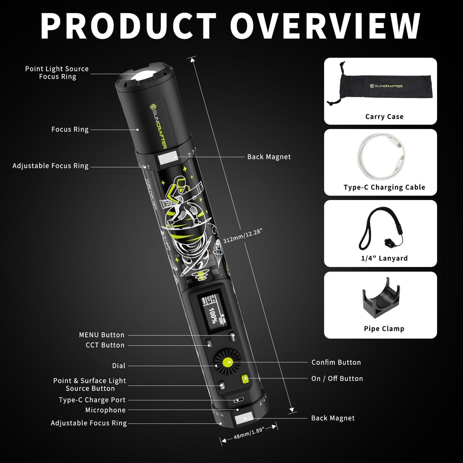 TL30 RGB Light Tube, RGBWW 360° Adjustable Magnetic Video Lighting Wand Stick with Smart APP Control, 2700K-10000K CRI96+ TLCI99+, 21 Scenes, Focus-Adjustable Spotlight, 5000mAh Battery