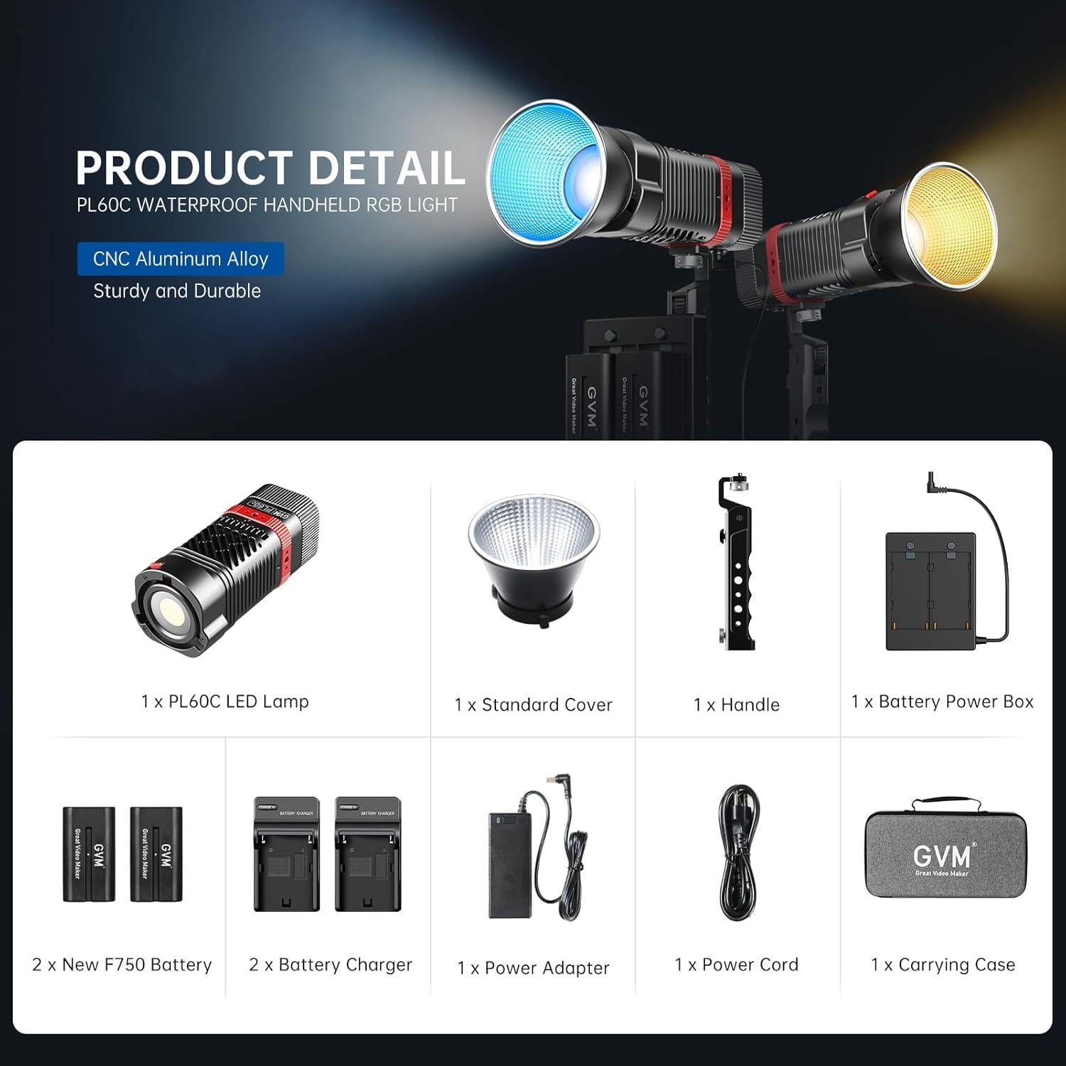 Luz de Estudio LED GVM 60W RGBWW Portátil 2700K-6800K