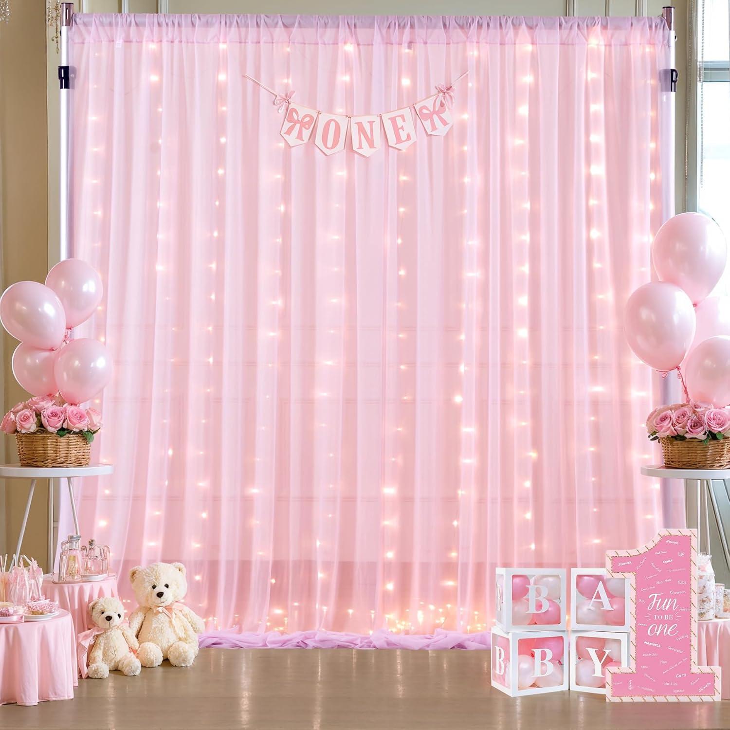 Cortina de Tulle Rosa con Luces Shillance 5x10 pies 2 Paneles