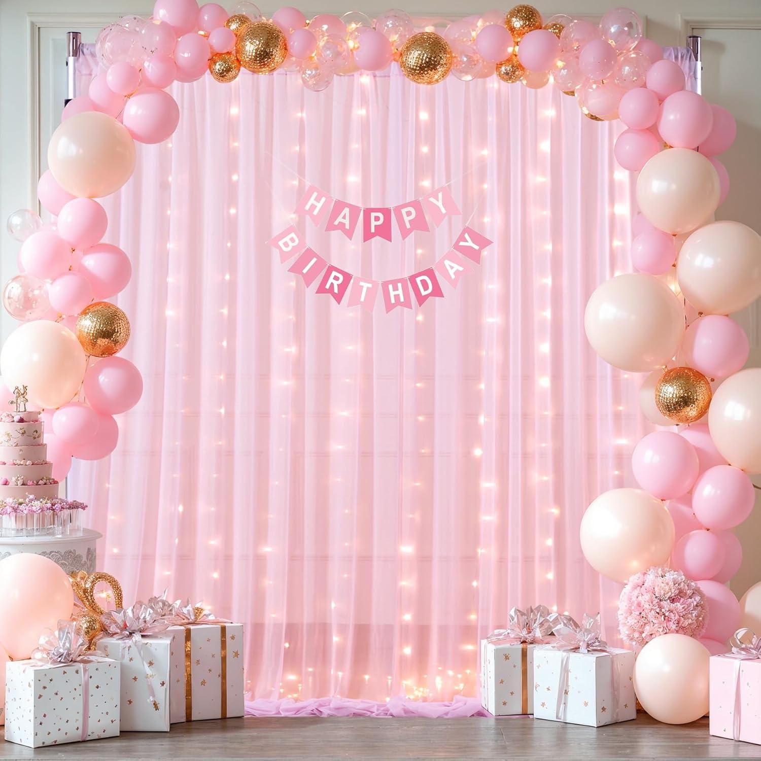 Cortina de Tulle Rosa con Luces Shillance 5x10 pies 2 Paneles