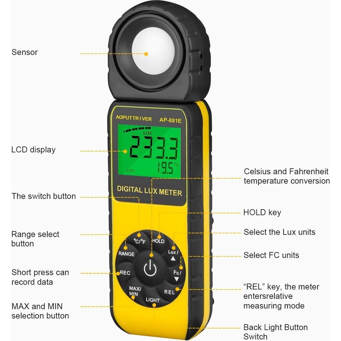 Medidor de Luz Digital AOPUTTRIVER AP-881E 0.01-300,000 Lux