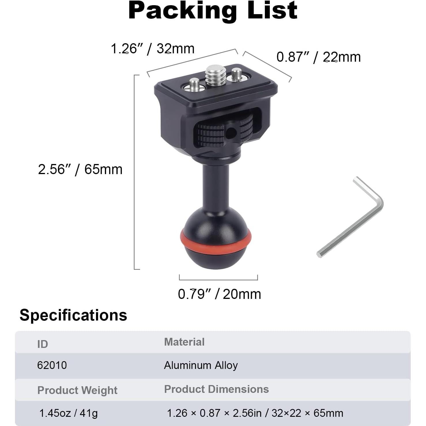Adaptador de Cabeza Esférica 20mm Mechrig con Tornillo 1/4"