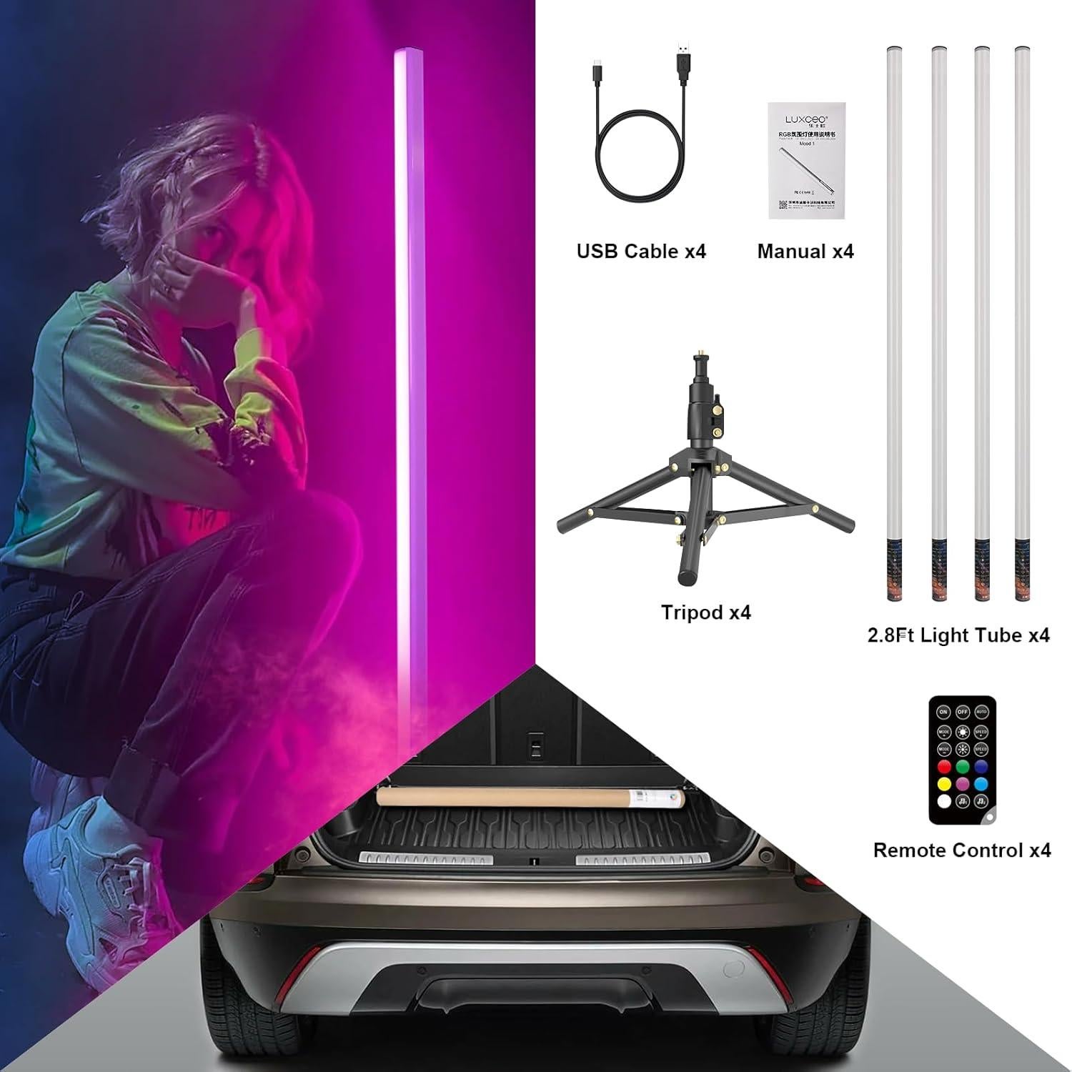 Barra de Luz LED RGB Luxceo 4Pack con Control Remoto 0.86m