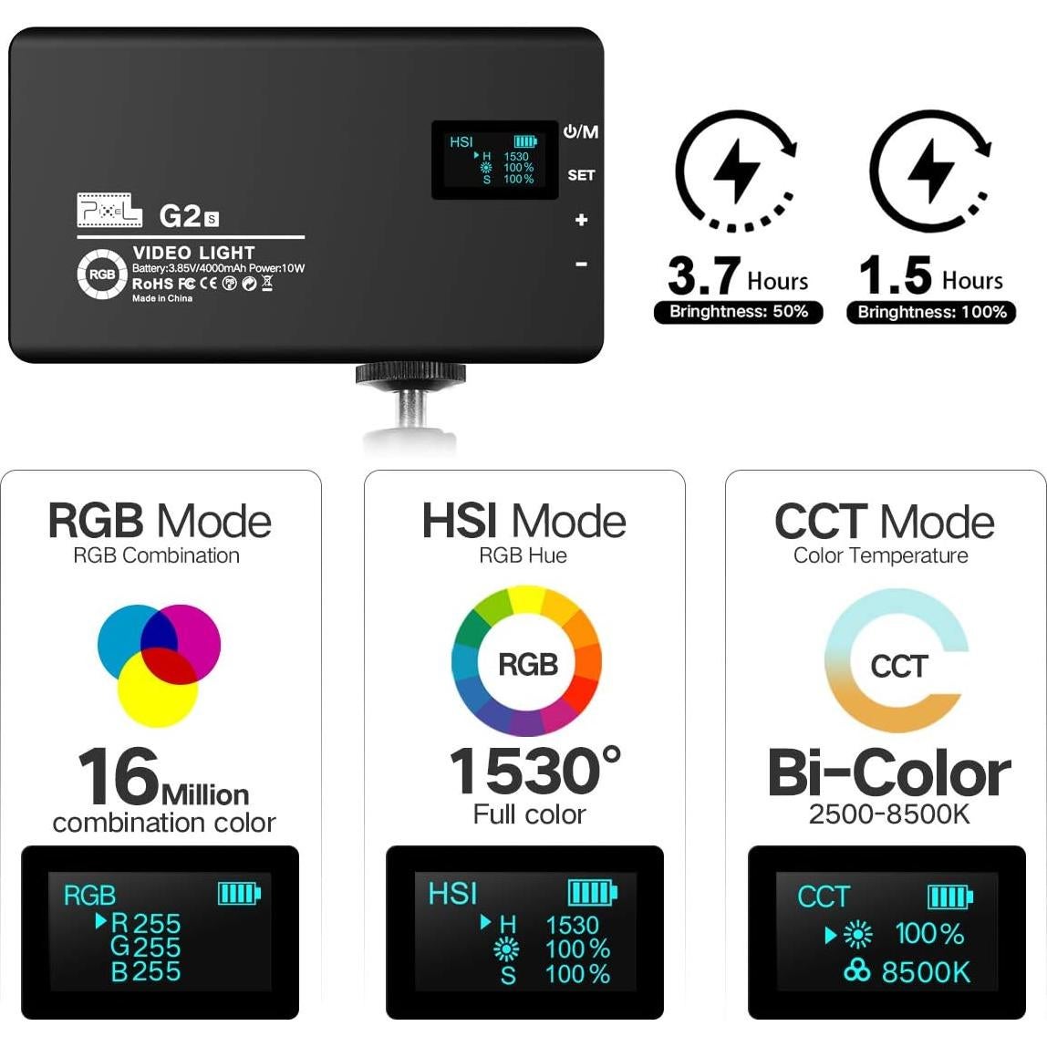 Luz de Cámara RGB Pixel MD25 con Batería 4000mAh y 10 Efectos