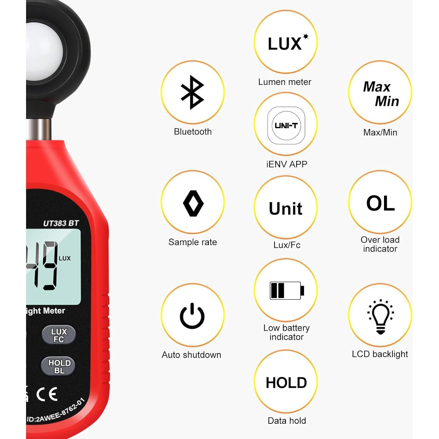 Medidor de Luz Digital UNI-T UT383BT 0-199900 Lux Bluetooth