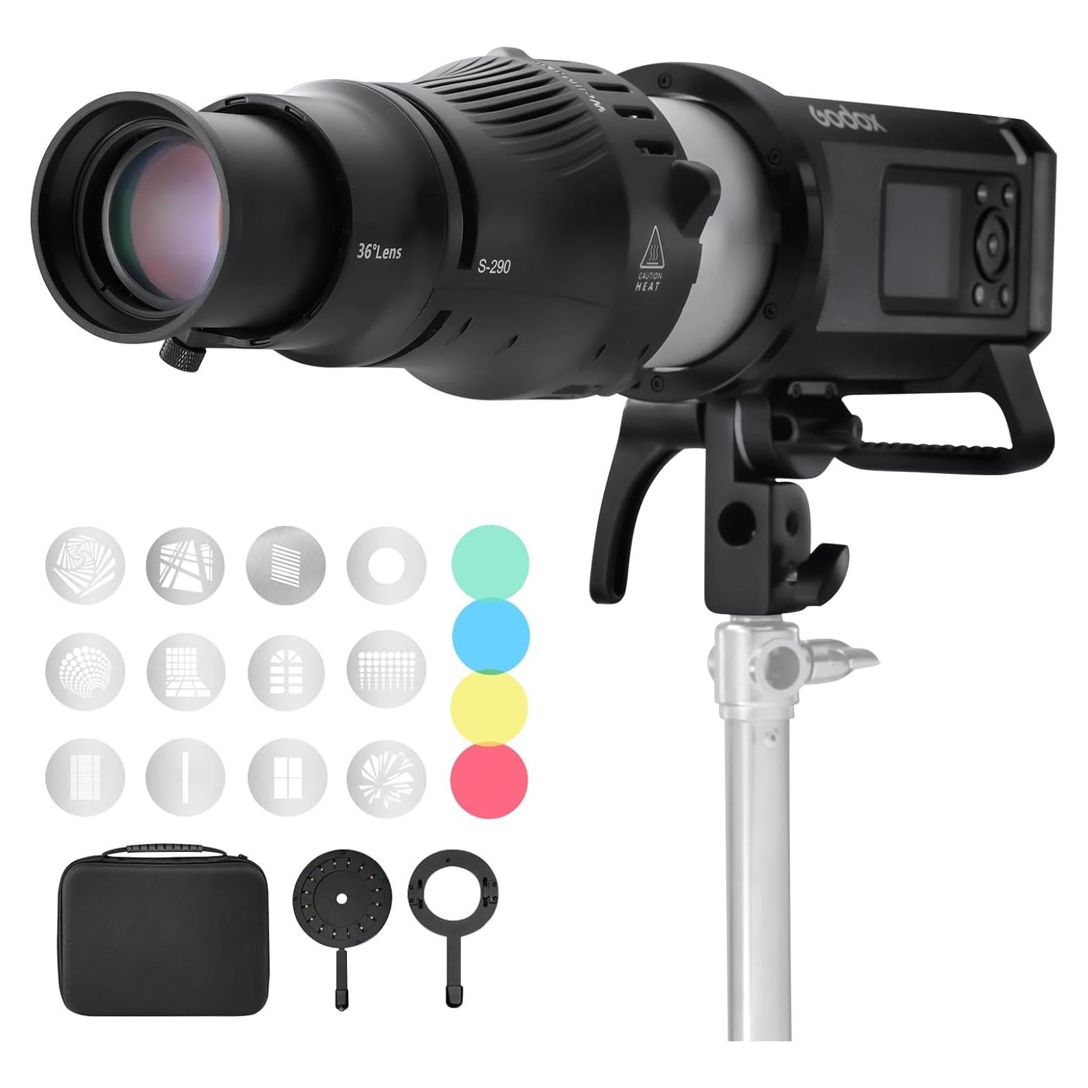 Snoot Óptico Bowens Wellmaking S-290 con Lente 36° y Filtros