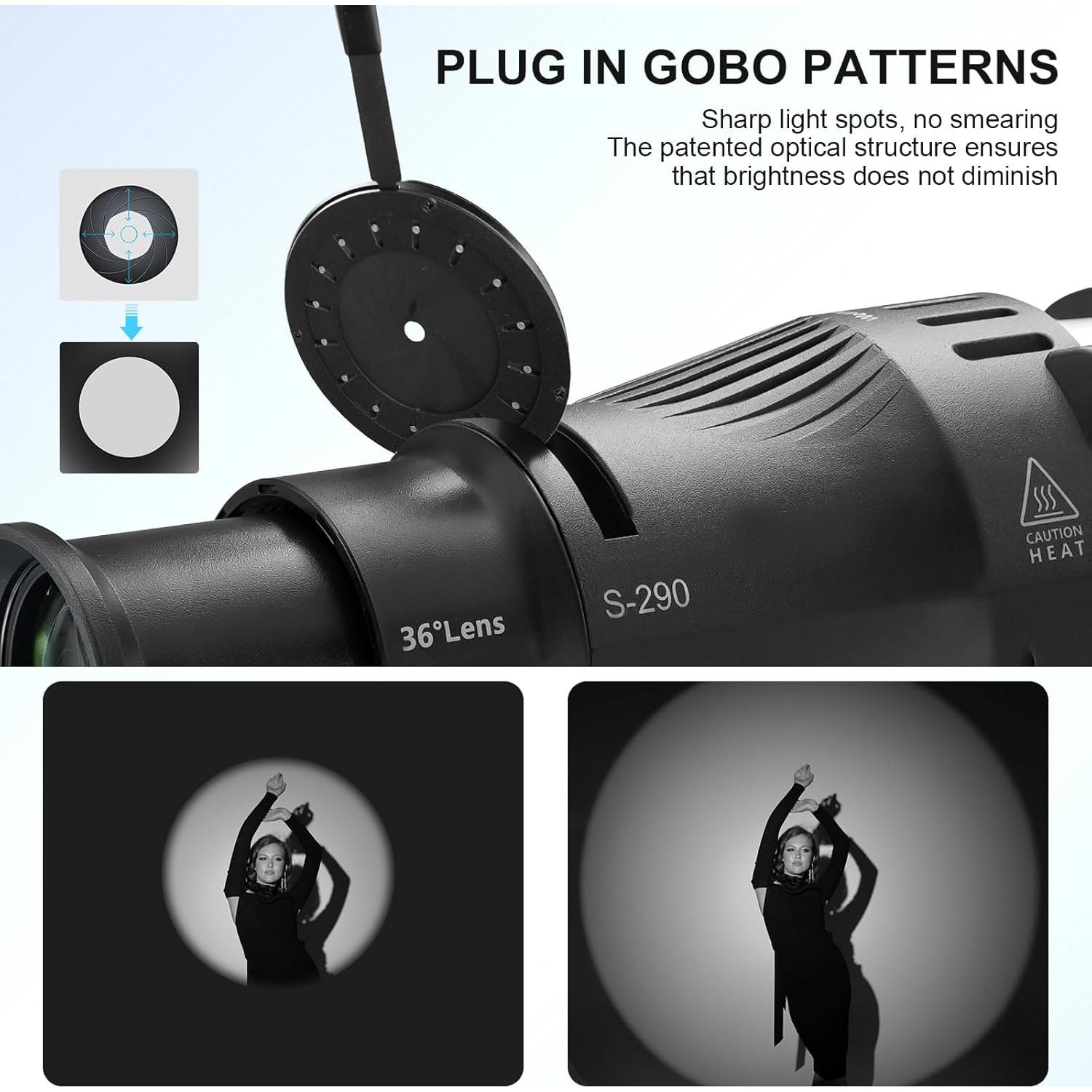 Snoot Óptico Bowens Wellmaking S-290 con Lente 36° y Filtros