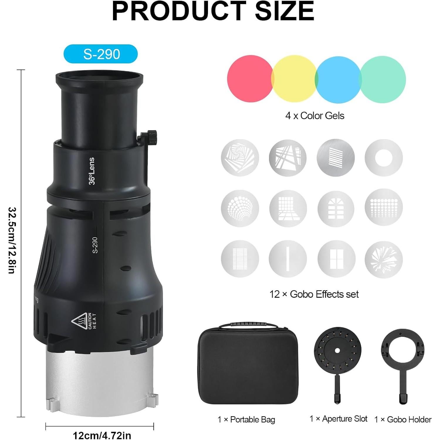 Snoot Óptico Bowens Wellmaking S-290 con Lente 36° y Filtros