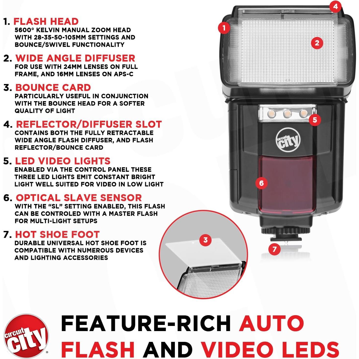 Flash Automático Circuit City CC-125 con Luz LED y Accesorios