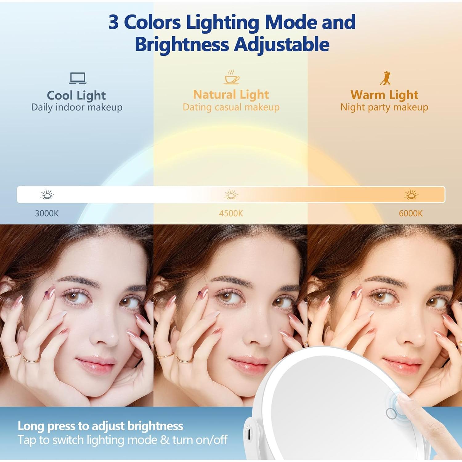 Espejo de Maquillaje GOMIPURU Iluminado 20x Doble Cara 21.84 cm