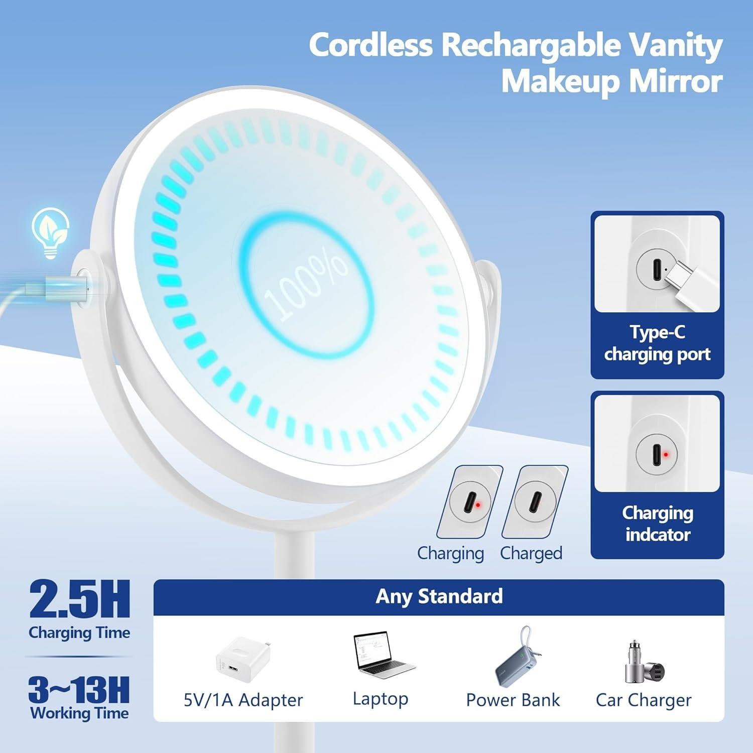 Espejo de Maquillaje GOMIPURU Iluminado 20x Doble Cara 21.84 cm