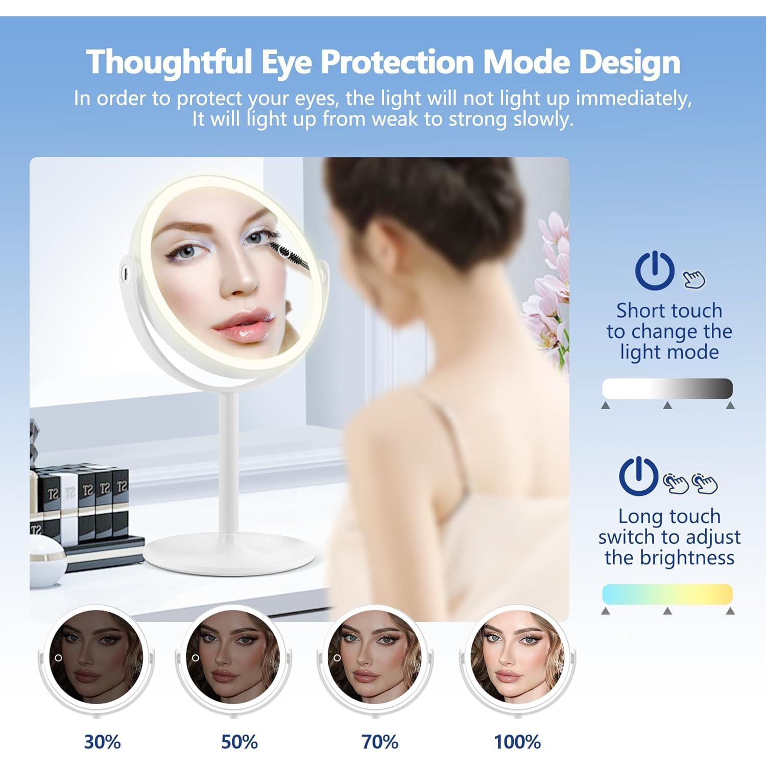 Espejo de Maquillaje GOMIPURU Iluminado 20x Doble Cara 21.84 cm