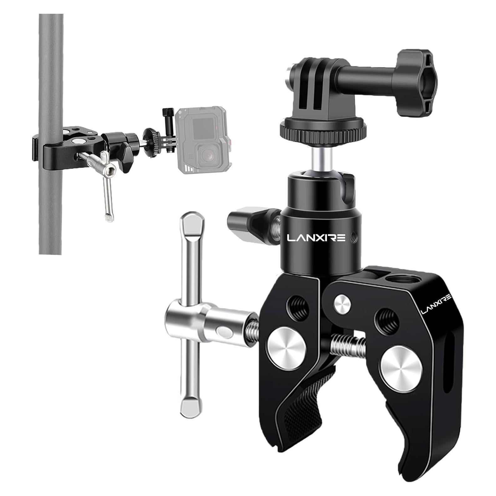 Super Clamp with Ball Head - Action Camera Clamp Mount with 1/4" & 3/8" Threads - Compatible with GoPro, DSLR, LED Lights, Monitors - Aluminum Alloy Construction for Studio & Outdoor Use