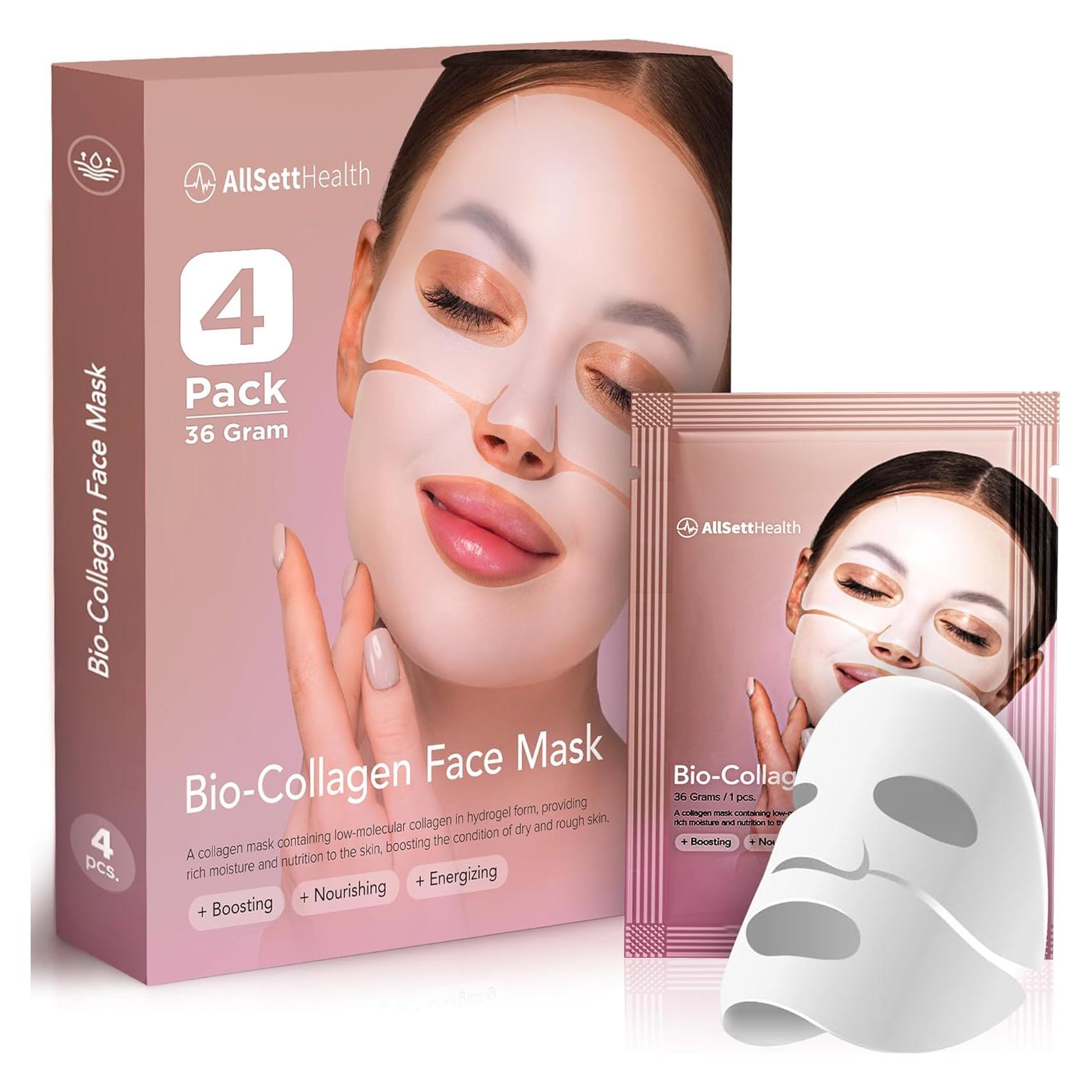 Máscara Facial de Colágeno AllSett Health Hidratante 4 Pzas