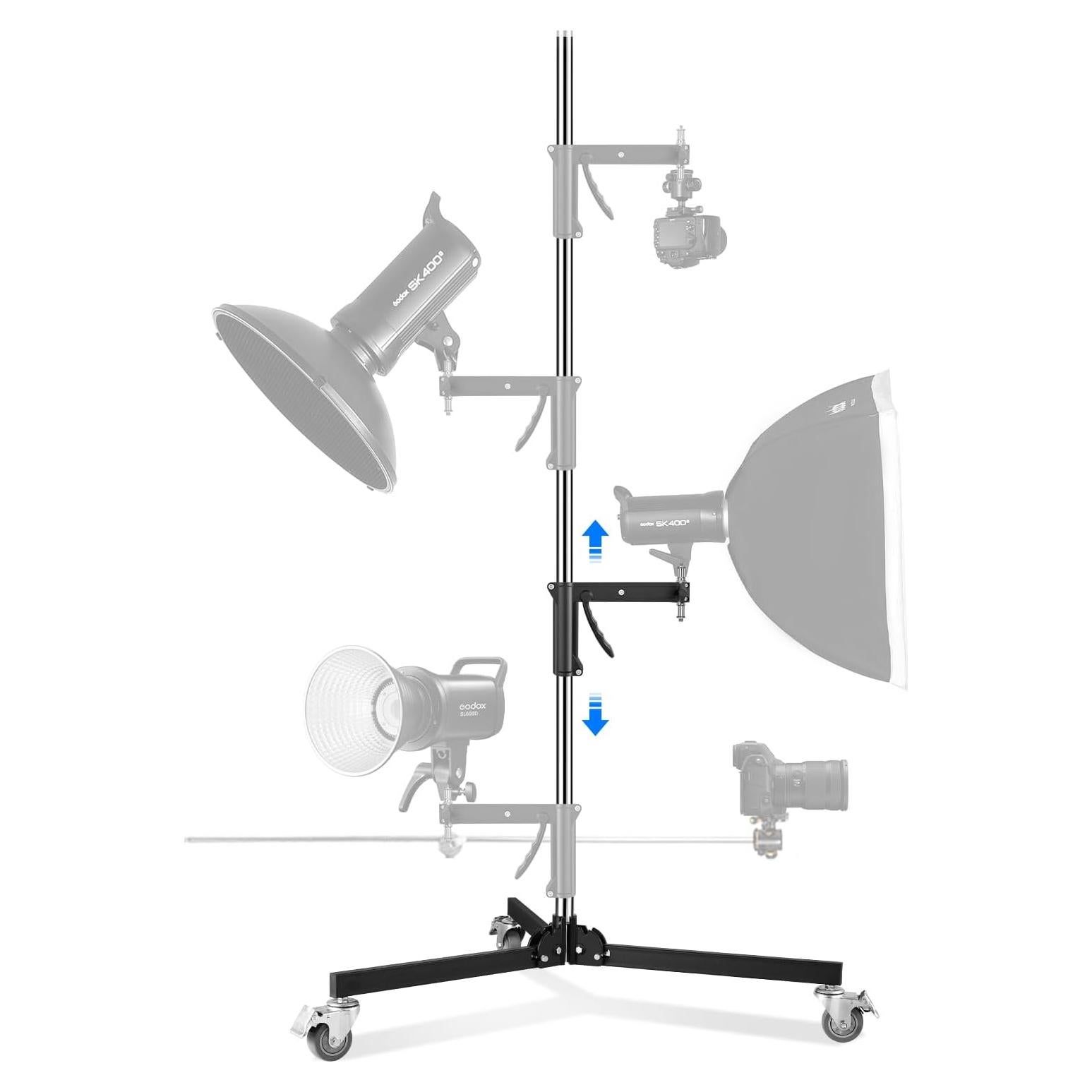 Photography Light Stand Based on Wheels Max Loading: 20kg/44lb Stainless Steel Heavy Duty Light Stand with Casters & A Sliding Arm Max Height 2.5m/8.2ft for Photography Studio Monolight Softbox